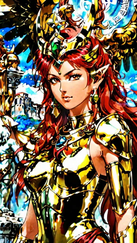 create an image of one of the 12 gold knights based on the japanese anime saint seiya, represented by beautiful red haired women (in this case, amazon), using her gold armor, also illustrating her zodiac sign (Virgo) so it is possible to know which amazon represents each sign. Her main power is she is very close to Buda, so show an aura of Buda behind her. She must have huge fake silicon tits. Also the image should be ultra realistic. The background must be the Greek sanctuary ruins.