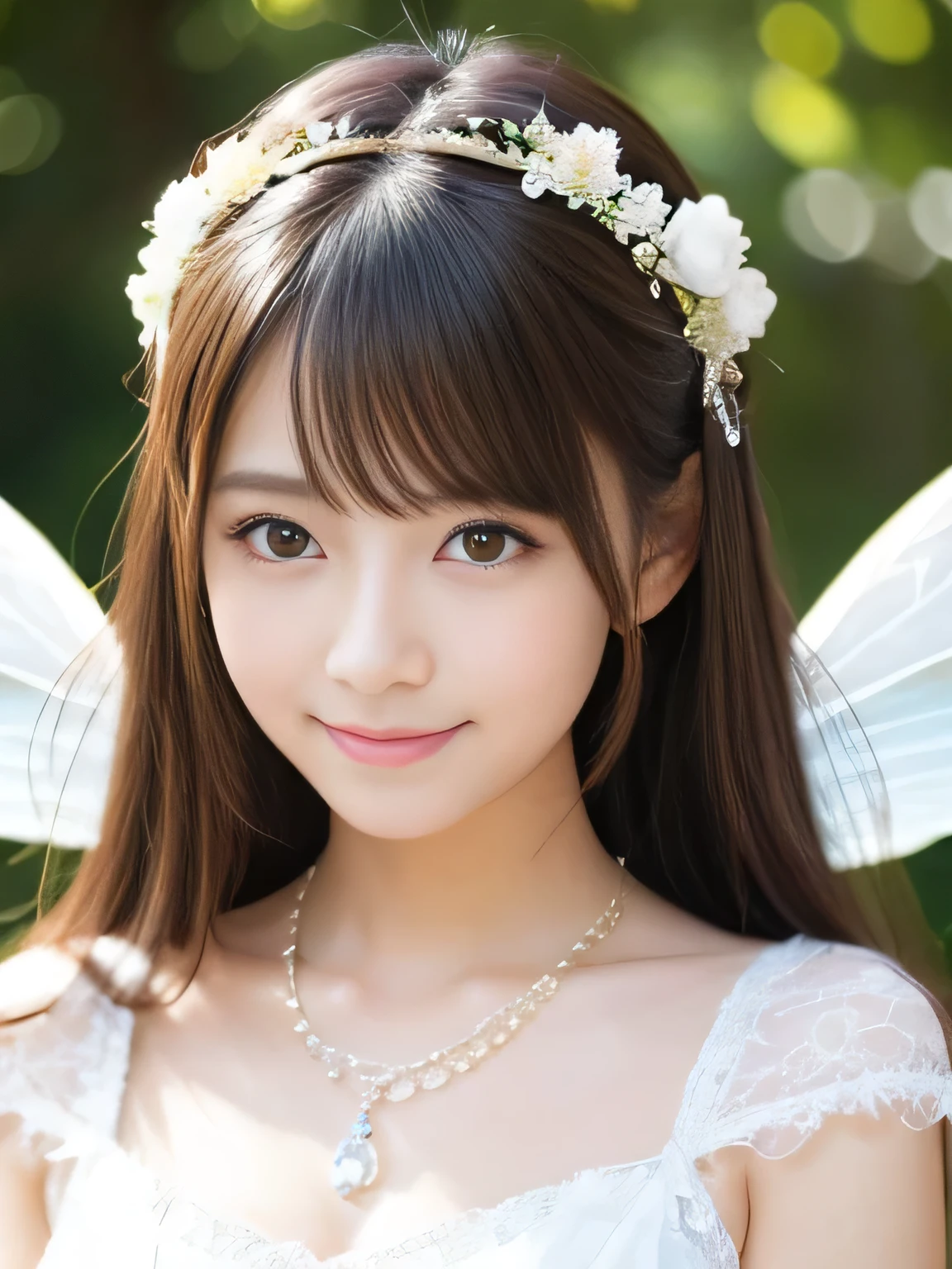  beautiful Japanese woman , Brown Eyes , gentle smile, looking at the camera ,Very young,necklace, fantasy,white fairy clothes ,Idol&#39;s face,skirt,Thighs,palace