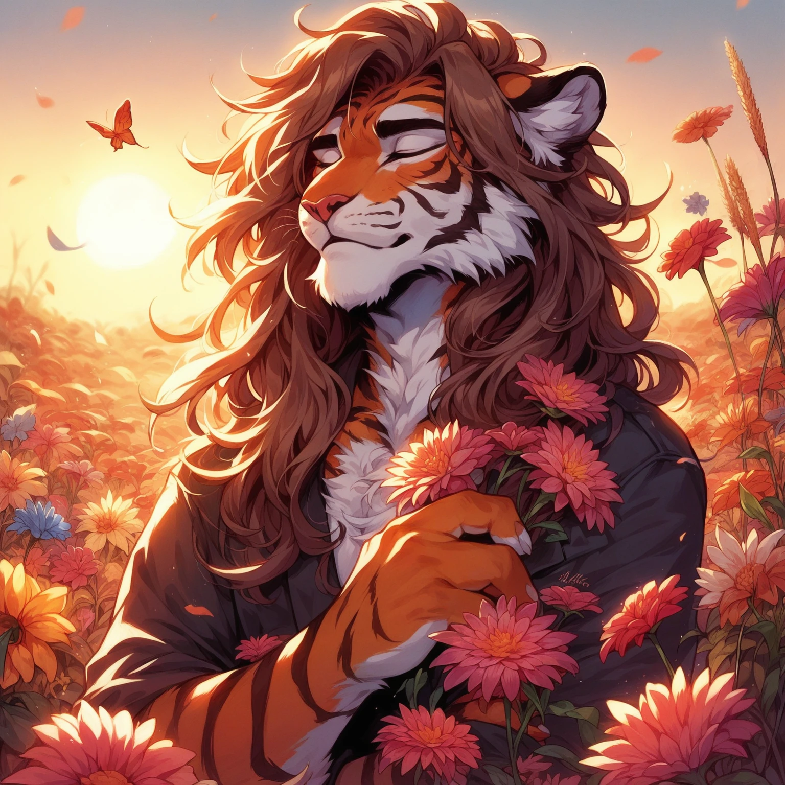 until, DETAILED, Better quality: From a tiger , young, chico, Alone,  with long hair ,.. attire: white suit, black shirt,.. pose: holding flowers ,  with her eyes closed in a field of flowers in the background.