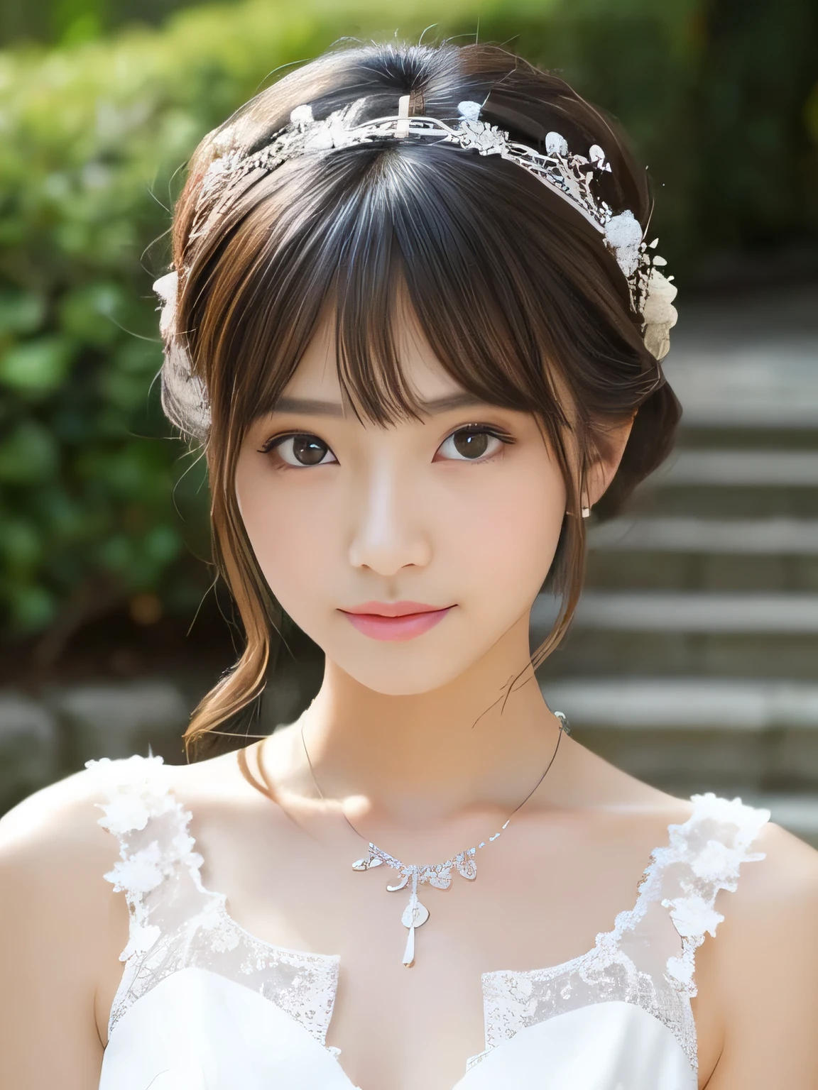  beautiful Japanese woman ,Being thin, Brown Eyes , looking at the camera ,Very young,necklace,white lace wedding dress,Hair accessories,Idol&#39;s face,{{{skirt,Thighs}}},barefoot,Nipples,