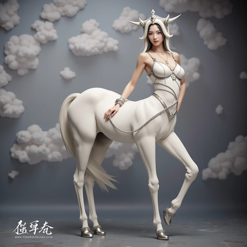 There was a woman in a white dress standing next to a horse, pale milky white porcelain skin, fantasy photoshoot, elegant glamourous cosplay, long elegant tail behind, japanese fantasy, an all white horse, belle delphine, Japanese goddess, centaur horse, royal elegant pose, horse is up on it's hindlegs, Anime girl cosplay, dressed in a beautiful white