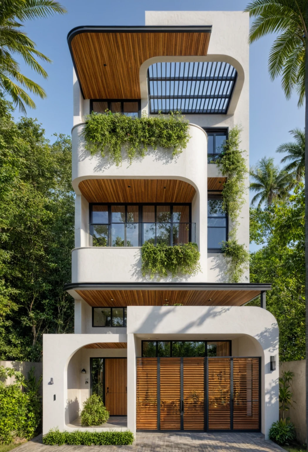 The tall and narrow 3-storey house is modernly designed, with steel gates and wooden details. The outside is painted white, the front wall has many curves. The house has windows on all sides and (wooden and iron ceilings: 1,2). Materials include black steel and wood. The third floor has trees growing on the middle columns, surrounded by tropical vegetation. The scene was shot from a 24mm angle perspective, with soft, natural lighting highlighting textures and materials, creating soft shadows that highlight the curves of the front wall and wooden details.