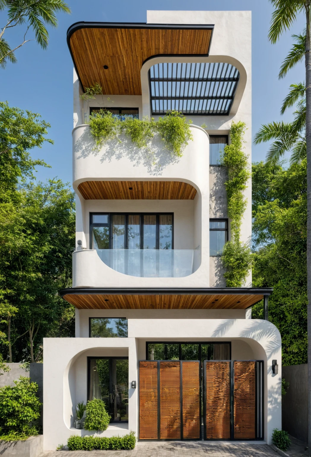 The tall and narrow 3-storey house is modernly designed, with steel gates and wooden details. The outside is painted white, the front wall has many curves. The house has windows on all sides and (wooden and iron ceilings: 1,2). Materials include black steel and wood. The third floor has trees growing on the middle columns, surrounded by tropical vegetation. The scene was shot from a 24mm angle perspective, with soft, natural lighting highlighting textures and materials, creating soft shadows that highlight the curves of the front wall and wooden details.