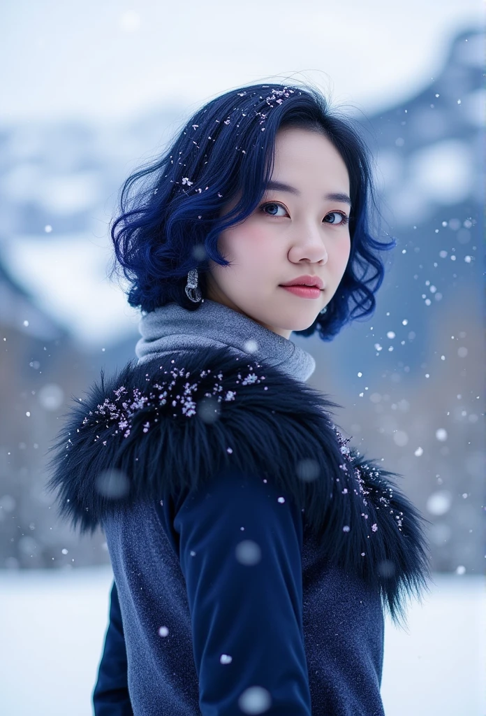 a gorgeous elegant lady, with Gorgeous dark blue costumes with fur，not looking at the camera，(The upper part of the body，upper legs)， beautidful blue eyes, blue hair, ringed eyes, (outdoor，winter scene, Heavy snowfall, snowfield，beautiful dramatic solf light) Illustrations of the highest quality，Realistic Face (8k, RAW photo, best quality, masterpiece:1.2), (realistic, photo-realistic:1.4),  Makeup：silver and white based eye makeup.、Ice crystal design around the eyes, 
Hairstyle：Short and a little bit curl blue hair, Feeling cold。
background：A winter landscape with sparkling snow and ice and blur snow mountain as a background
expression：Cool and calm expression with、Enhance the beauty of ice。