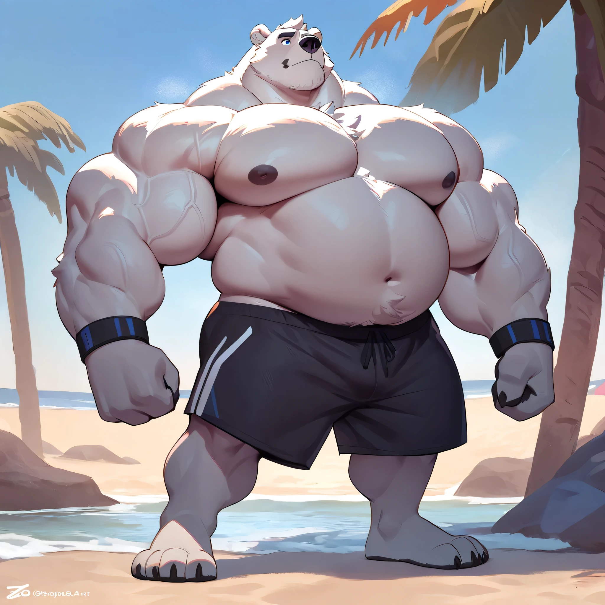 huge bulked up muscular polar bear in Californian beach, big grunting noise, big bulked up flexing body, polar bear, huge white fur, thick arm, huge arm, added gray mustache, added gray beard, short white hair, weight: 310lbs, (veiny bulked up muscular, pectoral, wide pectoral, thick bulky arms), Walt Disney 2D Zootopia Animation Art Style, detailed gray eyebrows, detailed blue eyes with blue pupils, (wearing black short trunks, wristbands, shirtless, topless, half naked and feet), flexing his thorax