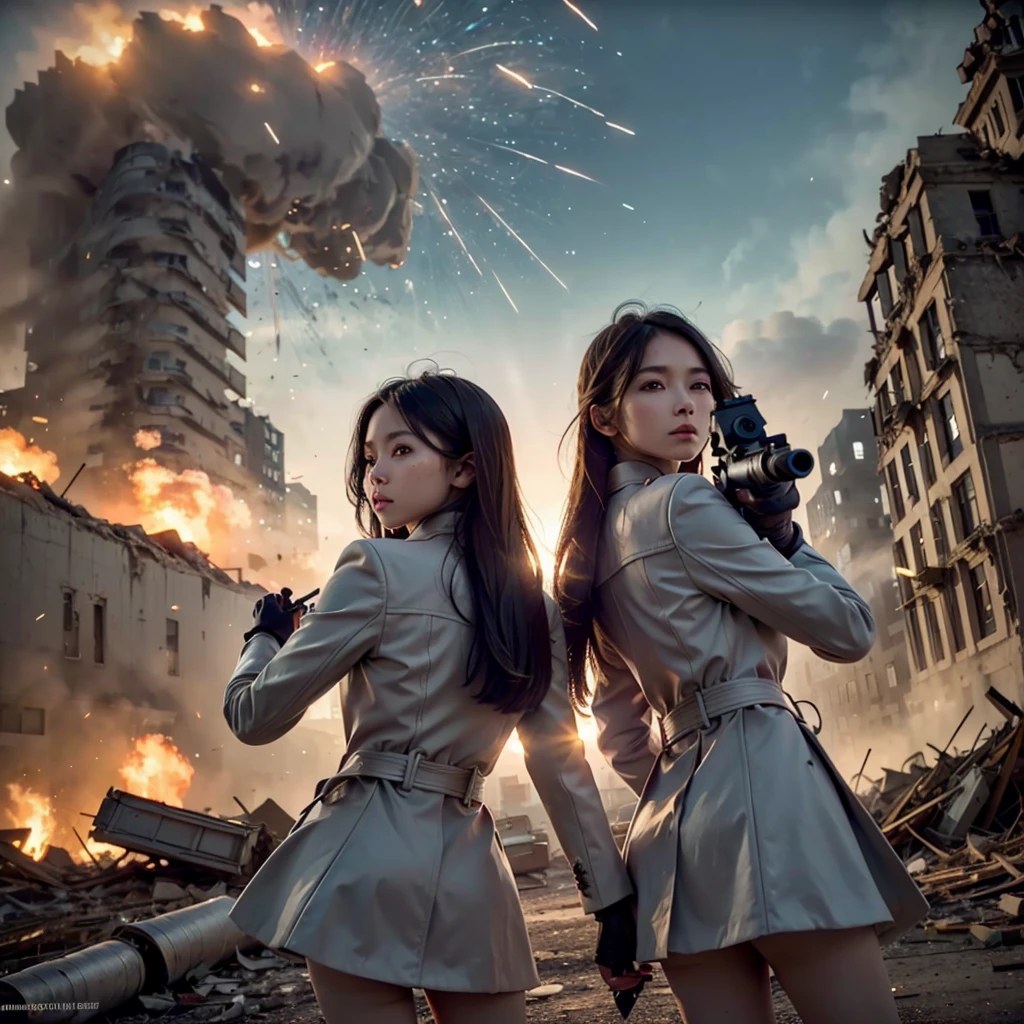 (2girl), (Beautiful twin), 
(posing with their backs together), 
(gun aiming at viewer), 

(wearing matching elegant coats), 

(Hair blowing in the wind), 
(Eyes chasing prey), 
beautiful face, 
detailed face, 

(battlefield), 
(Destroyed rubble, collapsed buildings, gunfire, explosions), 
(cinematic lighting), 
light particles, 
shine, glint, 
