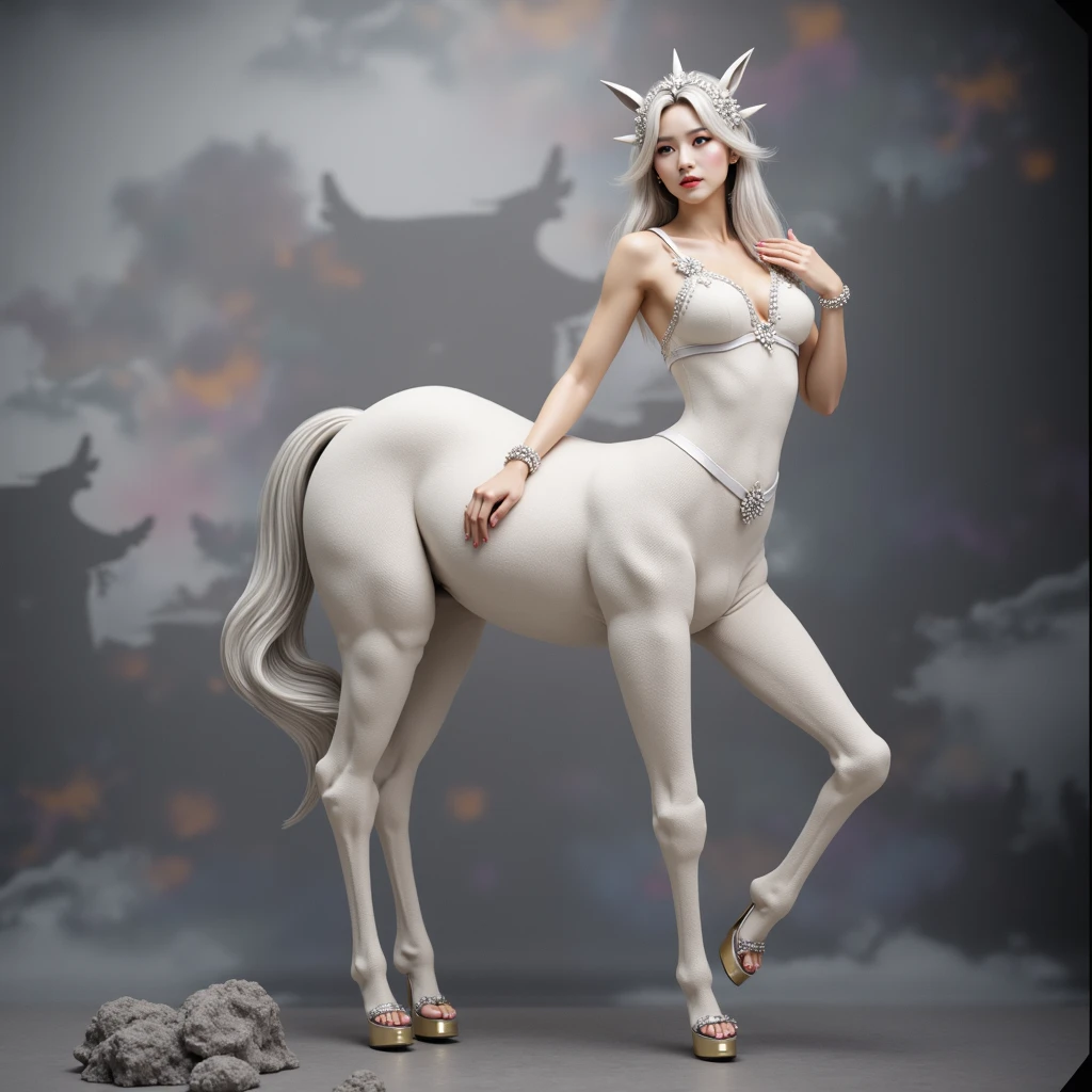 A female centaur,She is famous in the multiverse,She is both a female centaur, half human, half horse, half horse,It is also a heroic move,Her image incorporates the female body of the horse's head, neck and shoulders,Transforms into a beautiful female human upper body,Female, half-centaur, half-human, half-horse, half-human,and female half-horses performing feminization with chimeras with beauties,It's like a chimera of a female human and a female bodyized half-horse,This chimerization is based on powerful futuristic technology。The ultra-wide-angle lens captures the beautiful and ethereal image of her light wings on the ionosphere and making jumps。Her front half is a tall, sexy body with obvious feminine characteristics,Has K cup teardrop-shaped giant tit chest,Small man-waisted butterflies span long legs,The half-horse of the back half of the body is embedded in the front half of the body at the hip position,The horse-shaped half-horse torso form of the back half of the body is completely female and humanized,A sexy bent dog style shaped chest cavity embedded from the upper end of the sternum is embedded in the hips,Then there are the waist and abdomen of sexy beauties and straight hips,Her entire body has been completely feminized,Includes the half-horse part of the hind body,Mechanize the anti-joints and feet in the shape of the hind leg horse's knee and personify these parts,Make the legs graceful and slender,She has four slender legs like a supermodel,Under the legs are the feet of humans wearing skyscraper heels,Use Midjourney's advanced stroke tools and color palettes, as well as texture packs, model packs, and texture tools,Concentration,Femaleize all parts of her original equine physiologic appearance,And give these parts an ergonomic appearance,Fine treatment of details in the structure of the back body, chest, abdominal cavity and hip legs,Tighten the contours of the chest and abdomen of the transverse posterior body,Tighten lines,Add feminine mechanical