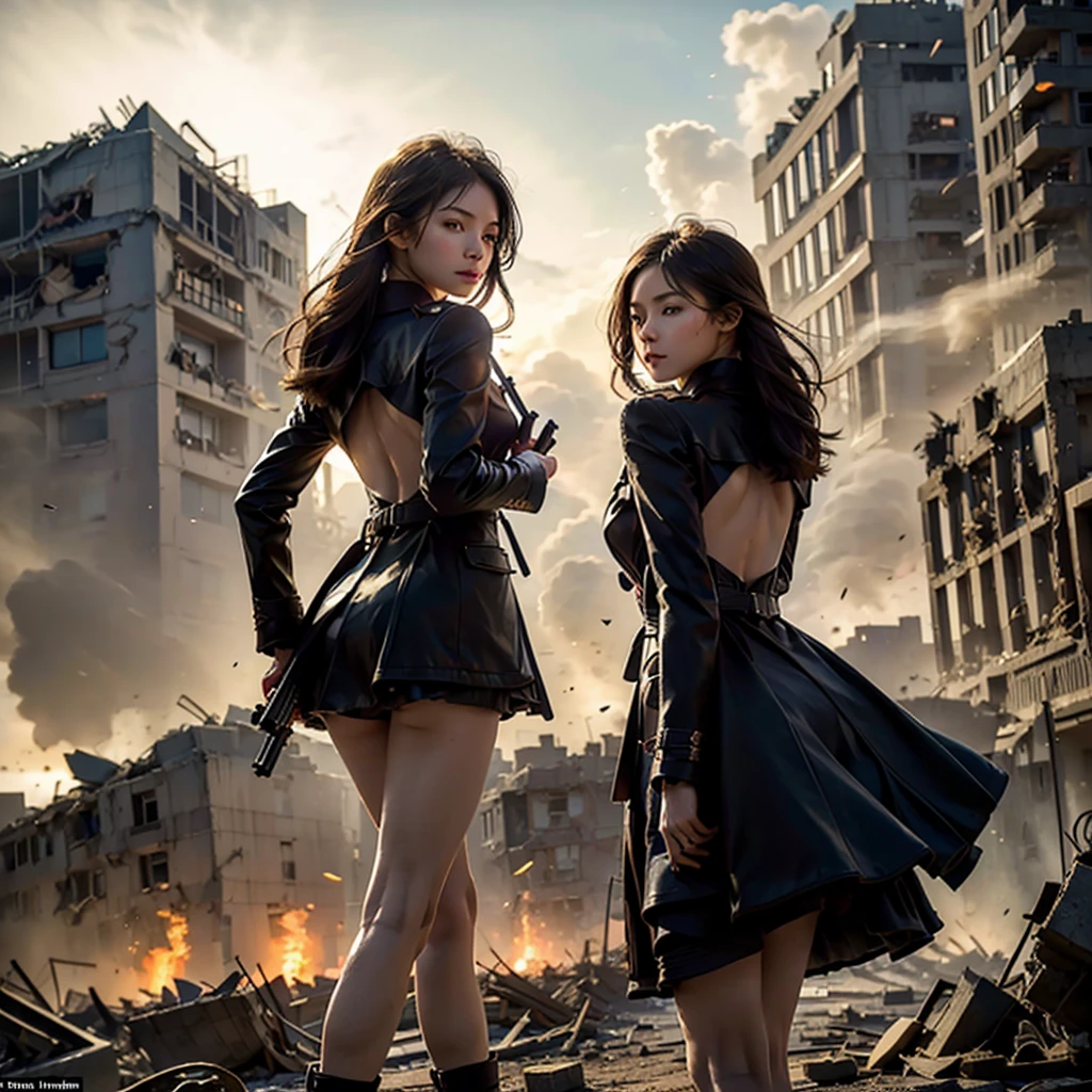 (2girl), (Beautiful twin), 
((posing with their backs together)), 
(gun aiming at viewer), 

(wearing matching elegant coats), 

(Hair blowing in the wind), 
(Eyes chasing prey), 
beautiful face, 
detailed face, 

(battlefield), 
(Destroyed rubble, collapsed buildings, gunfire, explosions), 
(cinematic lighting), 
light particles, 
shine, glint, 
