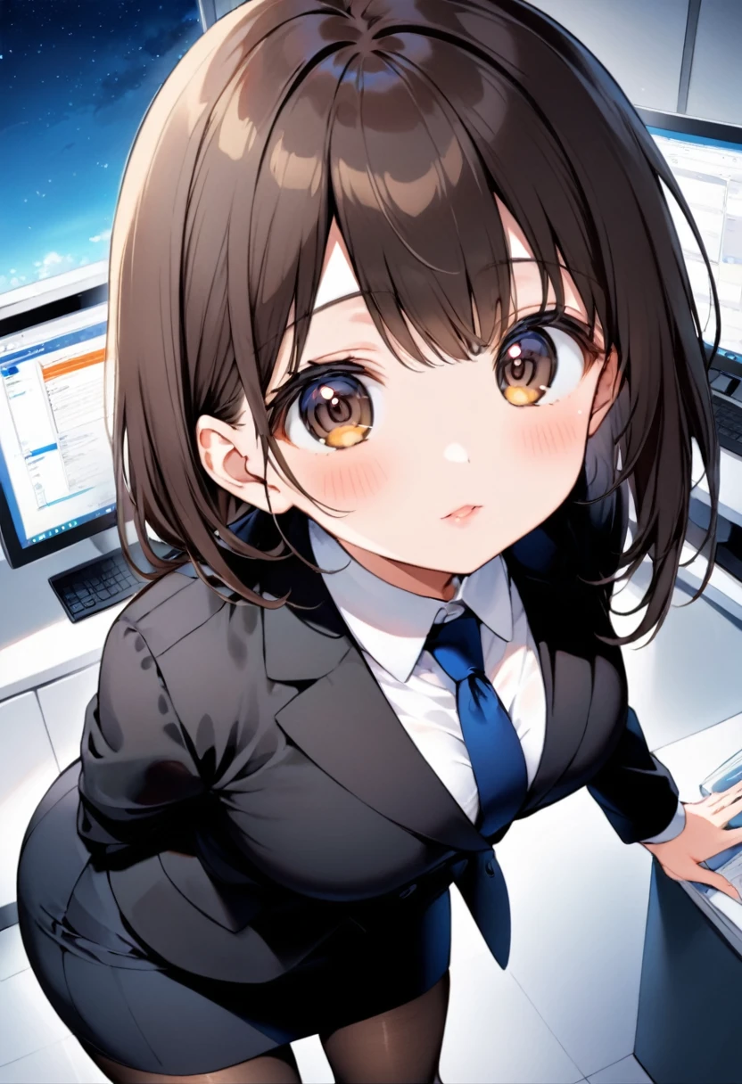 8K,ultra highres,ultra detailed,ultra moe cute anime,,cowboy shot,pov,office,midnight sky,ultra beautiful detailed eyes,ultra beautiful cute perfect baby face japanese girl 1.5,ultra cute girl 1.5,faint lips,black hair,middle hair,straight hair,volumey,happy,ultra beautiful cute brown eyes 1.5,large breasts, office lady, suit jacket, pencil skirt, pantyhose, standing