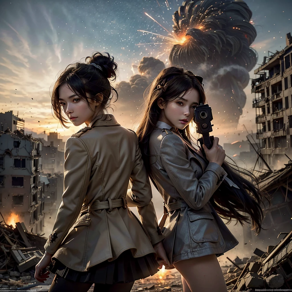 (2girl), (Beautiful twin), 
((posing with their backs together)), 
(gun aiming at viewer), 

(wearing matching elegant coats), 

(Hair blowing in the wind), 
(Eyes chasing prey), 
beautiful face, 
detailed face, 

(battlefield), 
(Destroyed rubble, collapsed buildings, gunfire, explosions), 
(cinematic lighting), 
light particles, 
shine, glint, 
