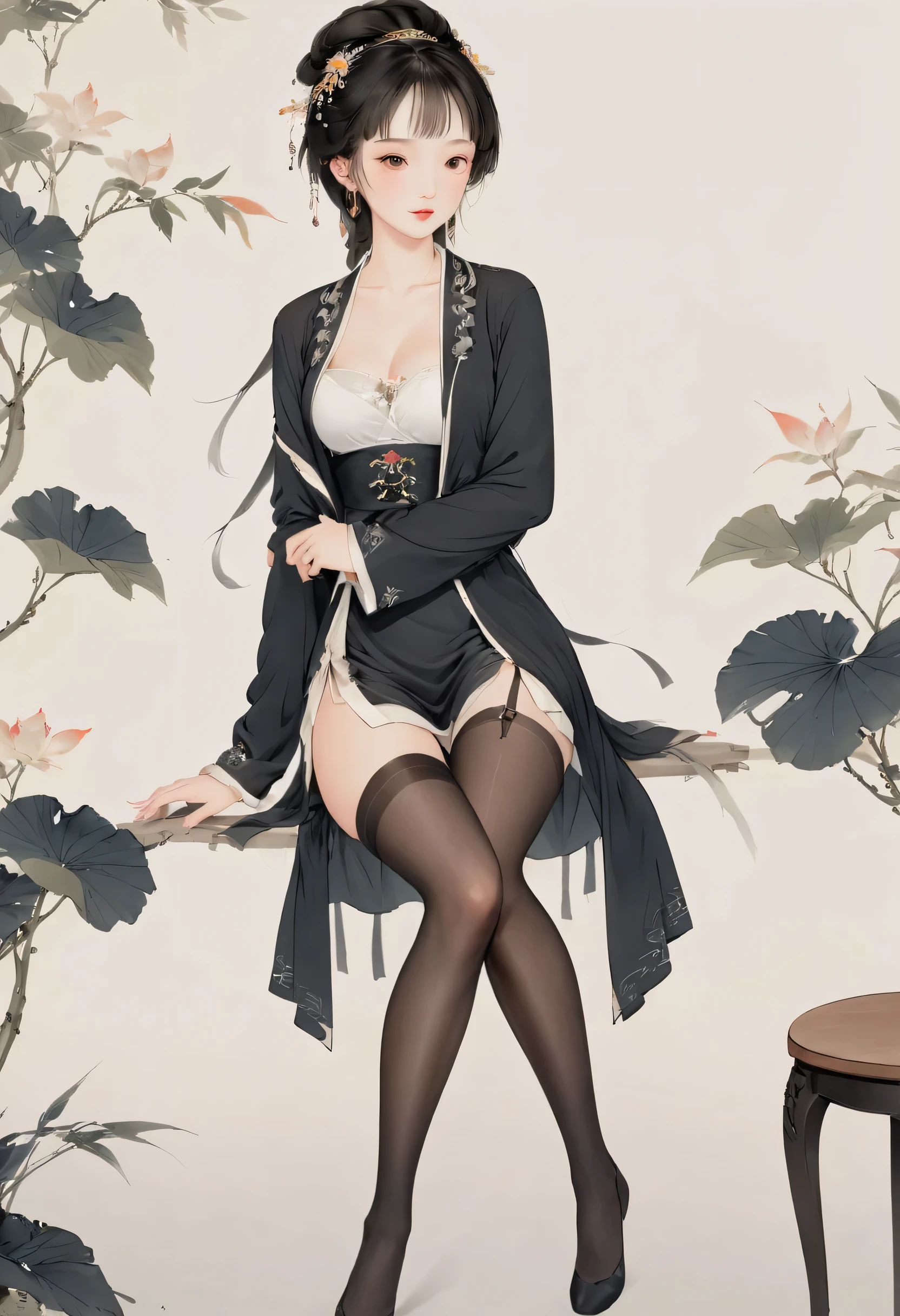 8k, masterpiece, best quality, 2D, ( Traditional Chinese Ink Painting :0.2), black pantyhose, The black pantyhose on the legs are exposed,Long Legs, Seductive Postures, Sexy pose, Very beautiful slender legs , Juicy legs, Wear a skirt, Long, thin legs , Beautiful legs, Cute and elegant pose, sexy look, Very beautiful slender legs, Korean Girl, good hips and Long Legs,Hair with bangs,Breast fullness,young body