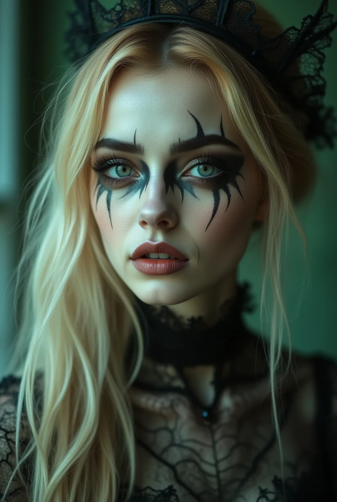 beautiful，blond，1girl，Halloween，detailed face，Blurred background, blurred foreground，green and black