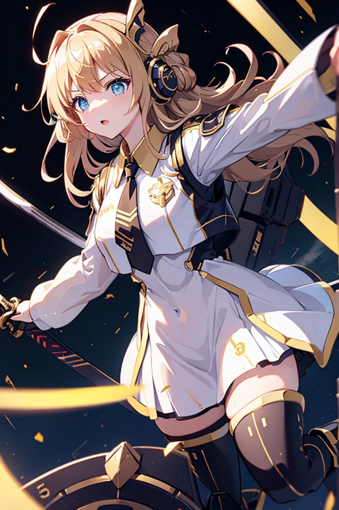 mecha wing、Thighs、tights、chest、Golden Hair、White ribbon、 1 girl、 solo girl 、income、 headphones、idol dress、Rin々Funny face、 holding a sword 、 has a shield、mecha girl