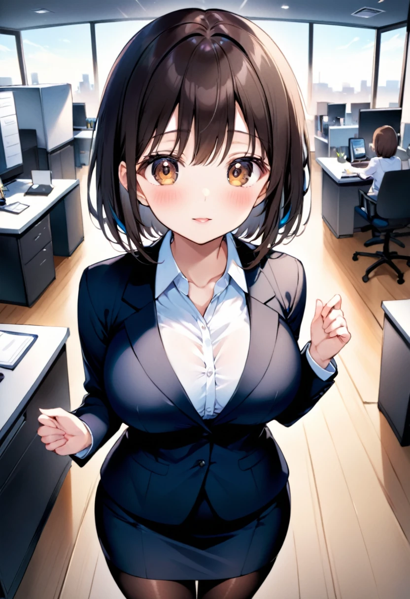 8K,ultra highres,ultra detailed,ultra moe cute anime,,cowboy shot,pov,office,midnight sky,ultra beautiful detailed eyes,ultra beautiful cute perfect baby face japanese girl 1.5,ultra cute girl 1.5,faint lips,black hair,middle hair,straight hair,volumey,happy,ultra beautiful cute brown eyes 1.5,large breasts, office lady, suit jacket, pencil skirt, pantyhose, standing