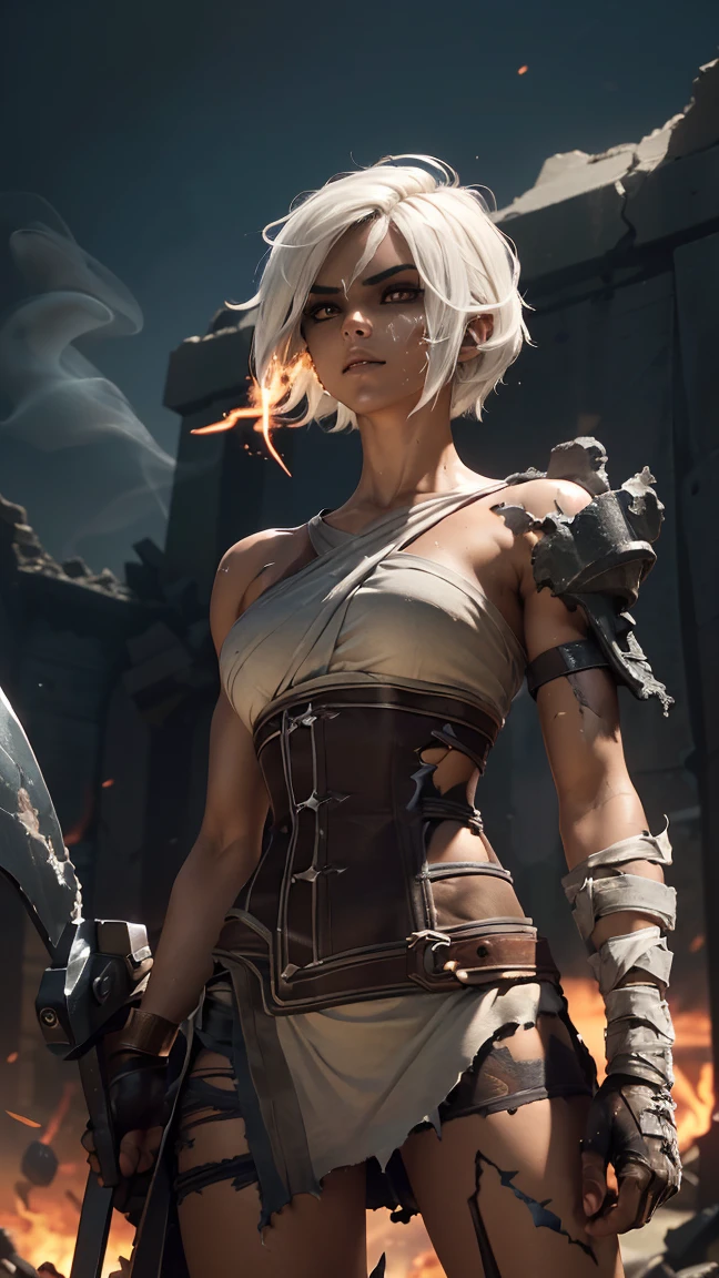 (highest quality, masterpiece, ultra high resolution), ruined battlefield with broken weapons and fallen banners, (perfect dynamic composition), highly detailed skin and facial textures:1.3, detail of limbs, 1 girl, riven \(league of legends\), short white hair, wearing a torn and revealing battle-worn short dress, corset, confident stance with her massive broken blade, toned and muscular body, tanned skin, intense dark golden eyes, black eyeshadow, defiant expression. (Armor exposing arms and midriff), chest gap, powerful and alluring presence, (bewitching:0.9), ((Destroyed weapons and shattered structures:1.8, ambient smoke and glowing embers:1.4)), view from the waist up