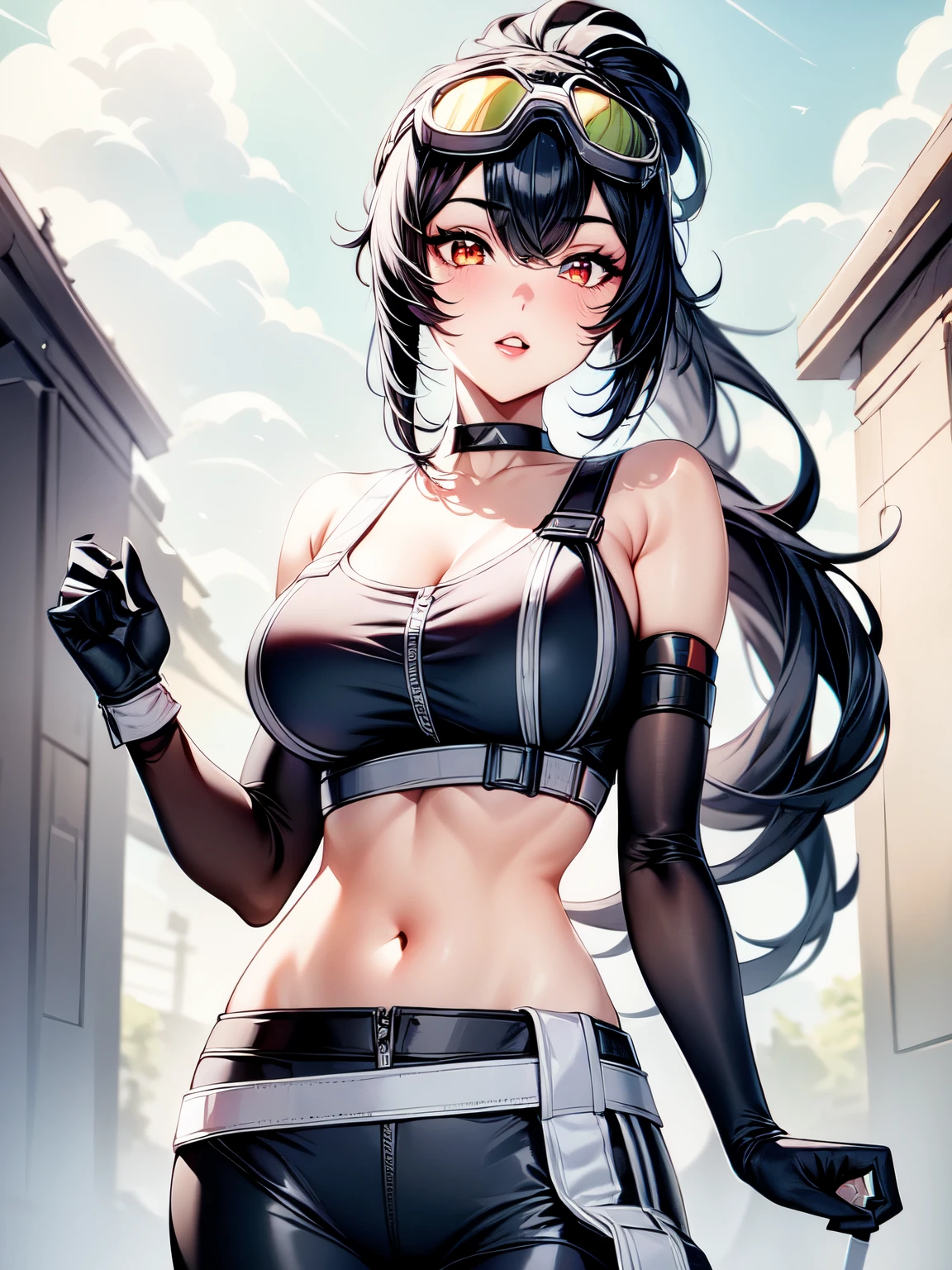 (masterpiece, best quality:1.2), 1girl, solo, Grace Howard, Grace Howard from Zenless Zone Zero, bare shoulders, black choker, black gloves, white gloves, black pants, black sports bra, elbow gloves, goggles on head, looking at viewer, low ponytail, medium breasts, midriff, navel, parted lips, white gloves, zipper, belt
