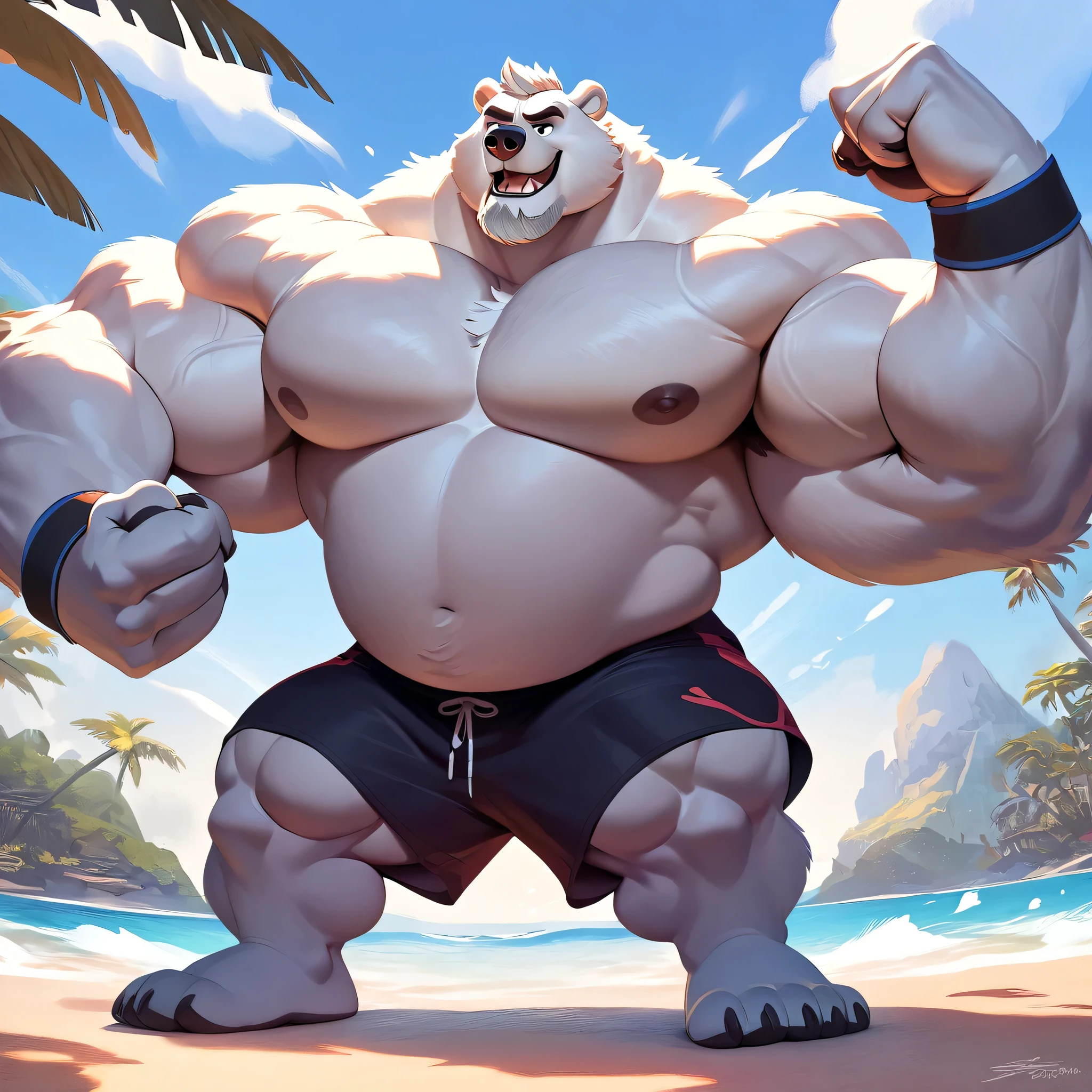 huge muscular polar bear in Tropical island beach, big growl, polar bear, huge white fur, thick arm, huge arm, huge white fur, thick arm, huge arm, added gray mustache, added gray beard, short white hair, height: 220cm, weight: 440lbs, (veiny bulked up muscular, pectoral, wide pectoral, thick bulky arms), Walt Disney 2D Zootopia Animation Art Style, detailed gray eyebrows, detailed eyes with blue pupils, (wearing black swim trunks with blue slits, wristbands, shirtless, topless and feet), bouncing his pecs, flexing his biceps and his thorax