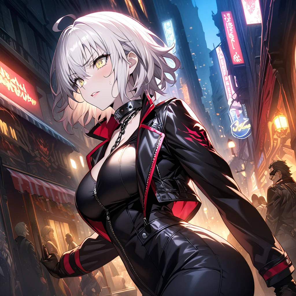 High image quality、best quality、extremely detailed CG unity 8k wallpaper、Masterpiece、ultra detailed、super fine illustration、detailed beautiful face、detailed beautiful eyes、Big Breasts、big ass、glamorous body、 Jeanne Alter (fate) ((My slave)) (They're taking a walk in the downtown area at night wearing a collar)(Metal collar) (embarrassing)(latex rider jacket)