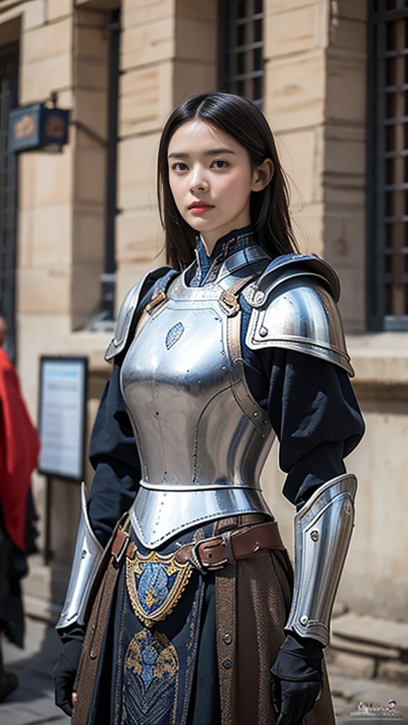  1 girl , solo,  looks,  Kampala, masterpiece,  anatomically correct , Best Quality,  ultra-fine,  textured skin, Medieval European Armor、The background is a medieval European city、