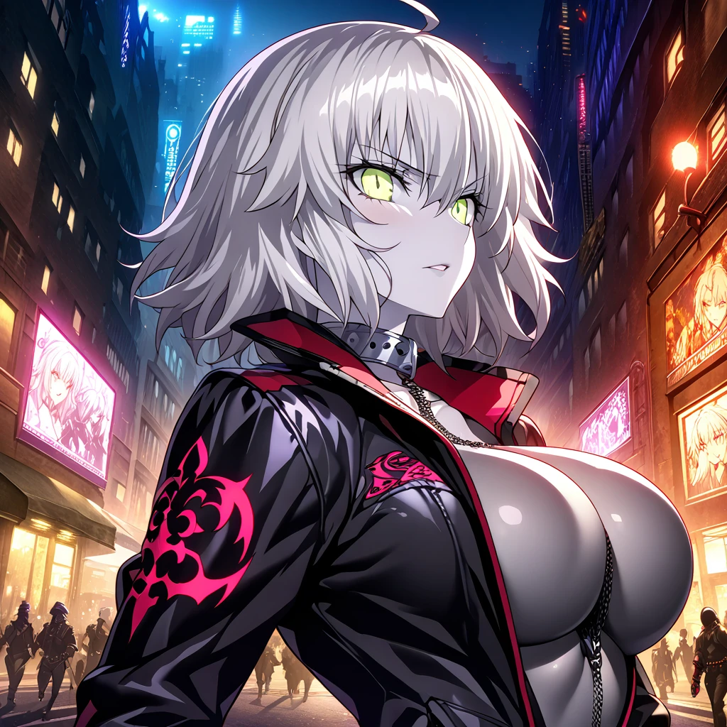 High image quality、best quality、extremely detailed CG unity 8k wallpaper、Masterpiece、ultra detailed、super fine illustration、detailed beautiful face、detailed beautiful eyes、Big Breasts、big ass、glamorous body、 Jeanne Alter (fate) ((My slave)) (They're taking a walk in the downtown area at night wearing a collar)(Metal collar) ( embarrassing)(latex rider jacket) Handwritten style