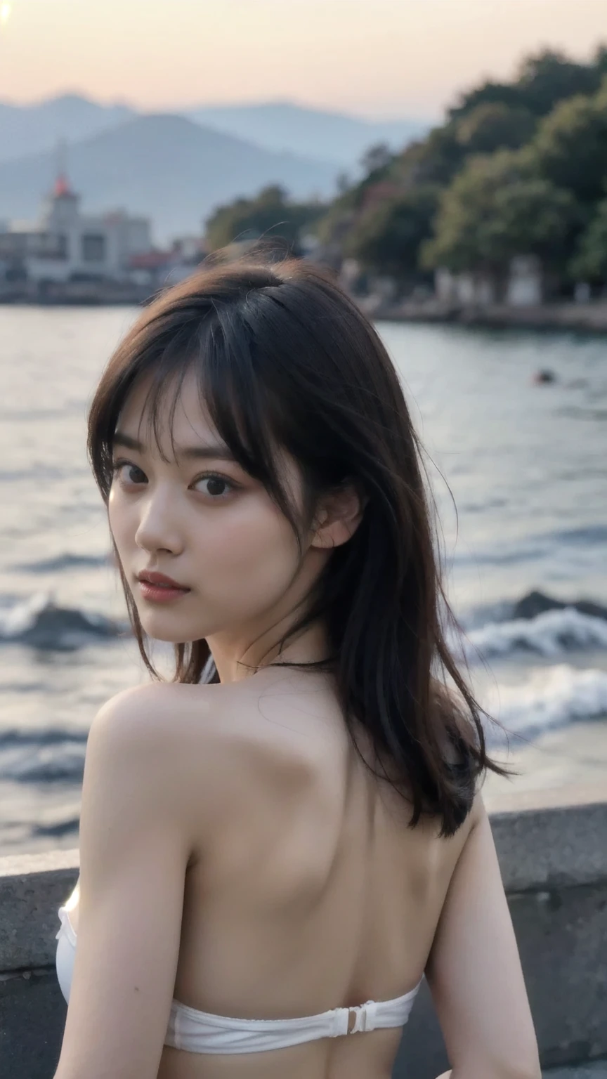 Adorable, Seaside, Japanese Girls, (Portraiture, close:1.2),Exposed forehead,Medium Hair ,( cheek,Glossy Lips:1), All Nude, View your viewers, ,Sweaty, (Baby Face), (Embarrassing, smile:0.7), (Pale skin:1), (Put your hands behind your back), sunset, catch_Light, (Thin pubic hair)