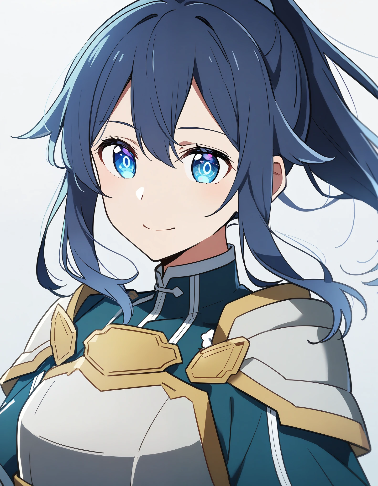 (high-quality, breathtaking),(expressive eyes, perfect face) 1girl, female, solo, portrait, Sword Art Online, Alicization, Symmetrical Eyes, simple background, gentle smile, medium hair, fluffy hair, fantasy outfit, SAO inspired, HuoHuo, armor, chest plate, sword art online outfit, half body shot, akane kurokawa, ponytail
