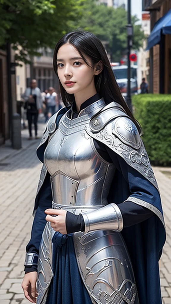  1 girl , solo,  looks,  Kampala, masterpiece,  anatomically correct , Best Quality,  ultra-fine,  textured skin, medieval european armor with cloak、The background is a medieval European city、