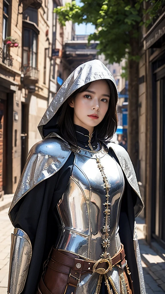  1 girl , solo,  looks,  Kampala, masterpiece,  anatomically correct , Best Quality,  ultra-fine,  textured skin, medieval european armor with cloak、The background is a medieval European city、