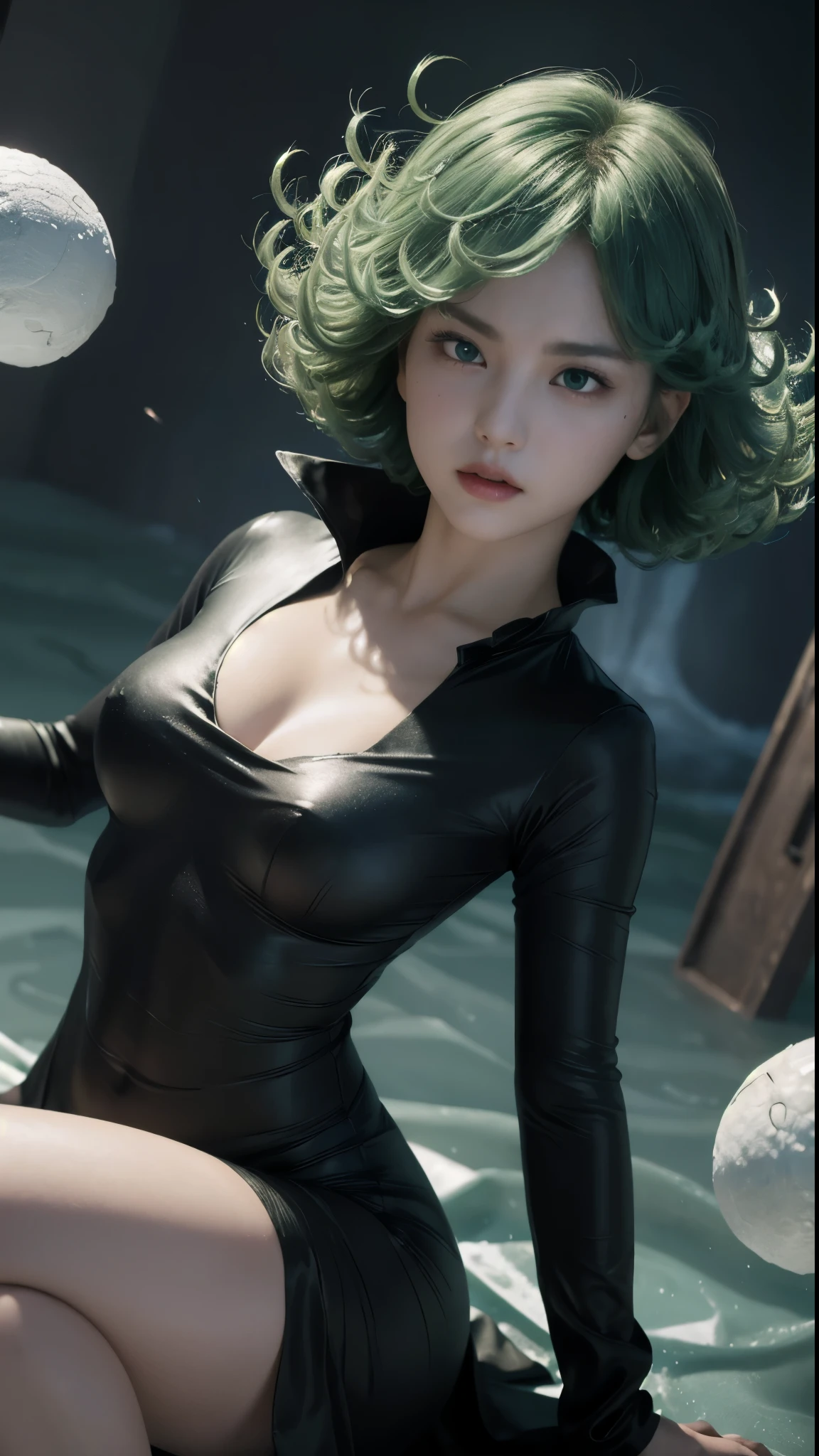 TATSUMAKI, (masterpiece, best quality), 1girl, beautiful face, tatsumaki, TIGHT CLOTHES, dress, black v neck dress, no underwear, (emerald green hair curling at the ends), petite body shape, ((medium breasts)), JEWELRY, long face, (photorealistic:1.2), (masterpiece), best quality, (facial detail:1.4), raw photo, 8k ultra realistic, perfect artwork, ((violent tornado and storm background :1.2)), BREAK, photography,masterpiece, best quality,HDR,high resolution,realistic detail,8K,HDR,high resolution,absurd,(1Psychic girl flying in the air, tatsumaki,expressionless,controlling objects with her mind), masterpiece,ultra realistic,32k,highly detailed 8k unity CG wallpaper, best quality