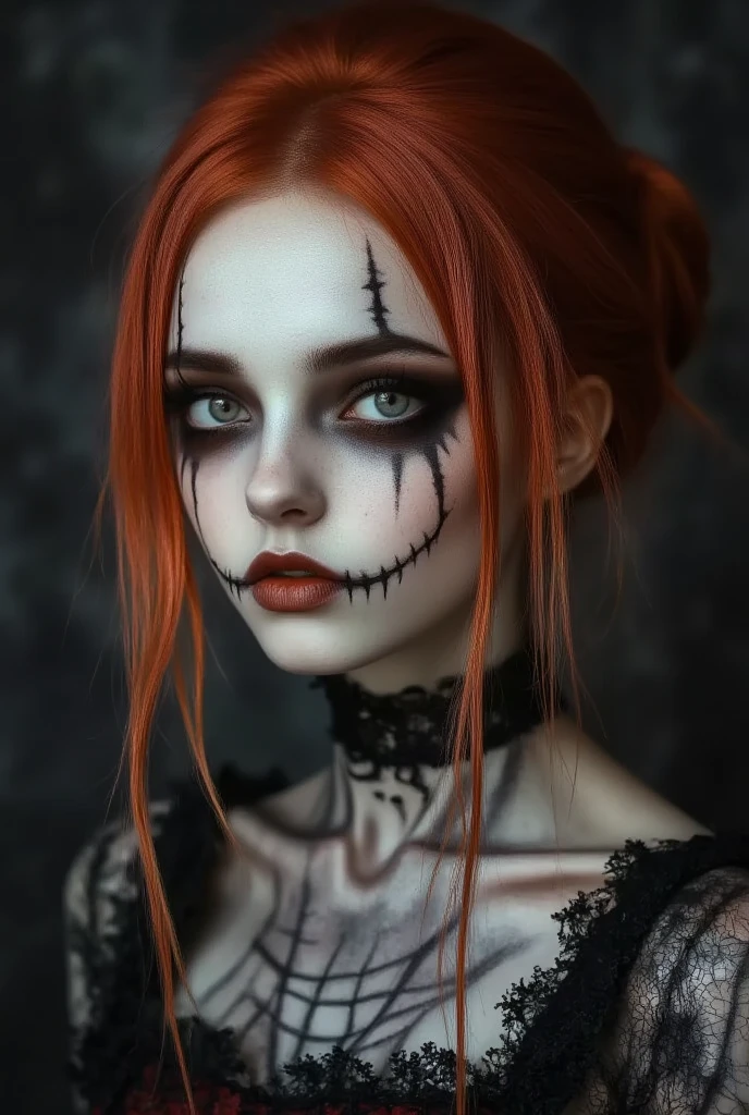 1 girl，portrait，spider web， facial mark，makeup, scar，stitches，zombie, Gothic，colored hair