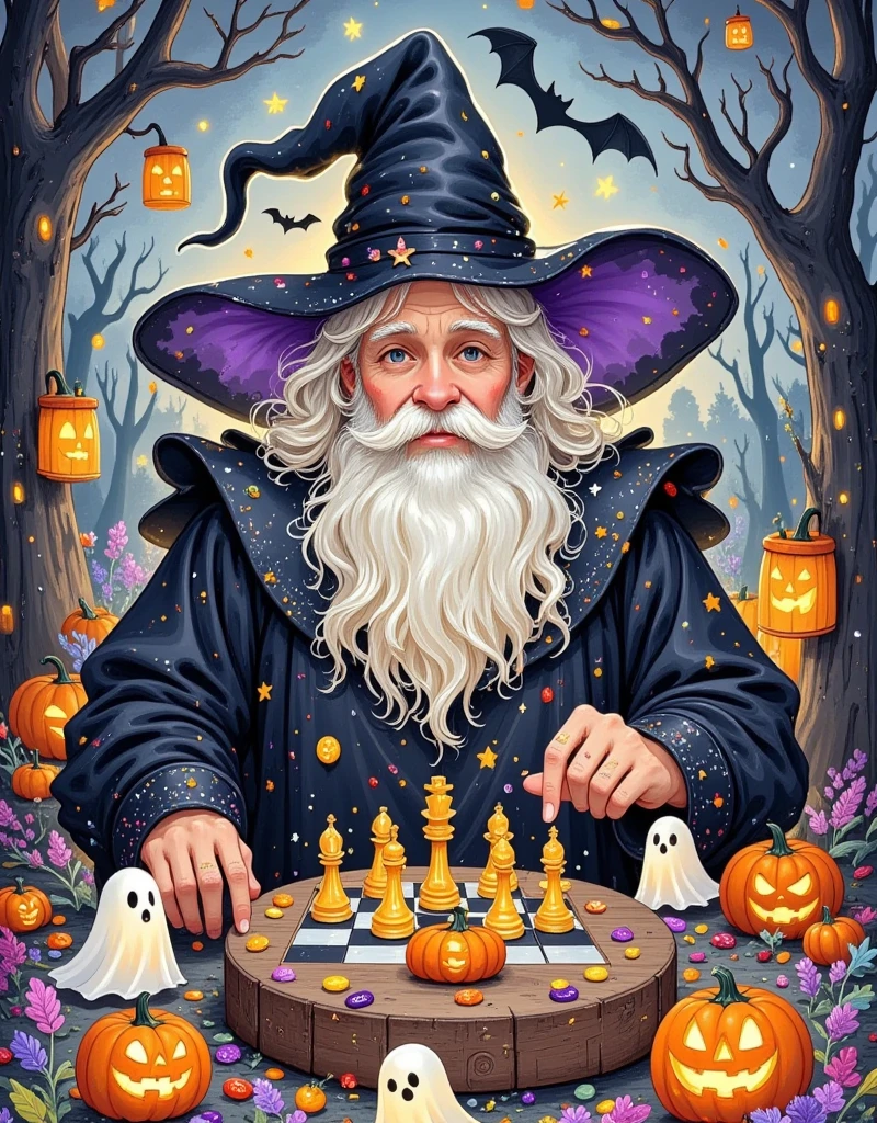 On a Halloween-themed night, an elderly male wizard sat before the chessboard, his long white beard gently swaying in the breeze, his cloak adorned with twinkling star patterns. Across from him sat a beautiful witch, wearing a black, flowy dress embellished with intricate patterns of moons and stars. They were engaged in a unique chess game, the pieces emitting a mysterious glow, with some even transforming into small creatures moving across the board. The surrounding forest was shrouded in ghostly mist, (pumpkin lanterns flickering warmly under the trees:1.3), (the ground covered with colorful candy:1.6), (a group of curious forest animals and a few playful little ghosts gathered around:1.6), quietly observing this strategic game. Bats hung from the branches, and the pumpkin lanterns illuminated the focused expressions of the wizard and witch, the entire scene filled with a mysterious and magical Halloween atmosphere, comic, line art, vector graphics, illustration, colored pencil