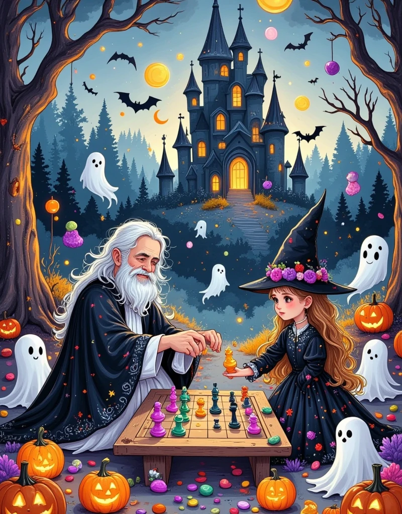 On a Halloween-themed night, an elderly male wizard sat before the chessboard, his long white beard gently swaying in the breeze, his cloak adorned with twinkling star patterns. Across from him sat a beautiful witch, wearing a black, flowy dress embellished with intricate patterns of moons and stars. They were engaged in a unique chess game, the pieces emitting a mysterious glow, with some even transforming into small creatures moving across the board. The surrounding forest was shrouded in ghostly mist, (pumpkin lanterns flickering warmly under the trees:1.3), (the ground covered with colorful candy:1.6), (a group of curious forest animals and a few playful little ghosts gathered around:1.6), quietly observing this strategic game. Bats hung from the branches, and the pumpkin lanterns illuminated the focused expressions of the wizard and witch, the entire scene filled with a mysterious and magical Halloween atmosphere, comic, line art, vector graphics, illustration, colored pencil