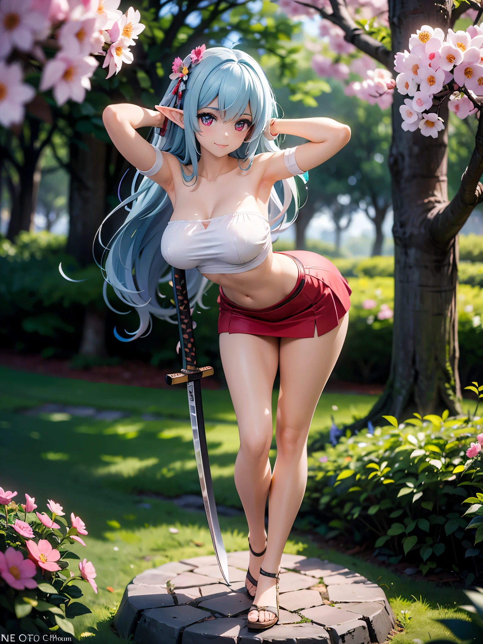 realistic image, detailed image, coherent image, 1 beautiful elf, she has very long hair, light blue hair, red eyes, smiling expression. She is wearing an off-the-shoulder t-shirt, showing her navel, a pleated miniskirt, She has a curvy body, large breasts and thick thighs, She is posing sensually with her arms holding a katana, arching her back, medieval setting, surrounded by trees, surrounded by flowers, Soft focus, full body view, Dramatic shadows, Volumetric lighting, natural lighting,