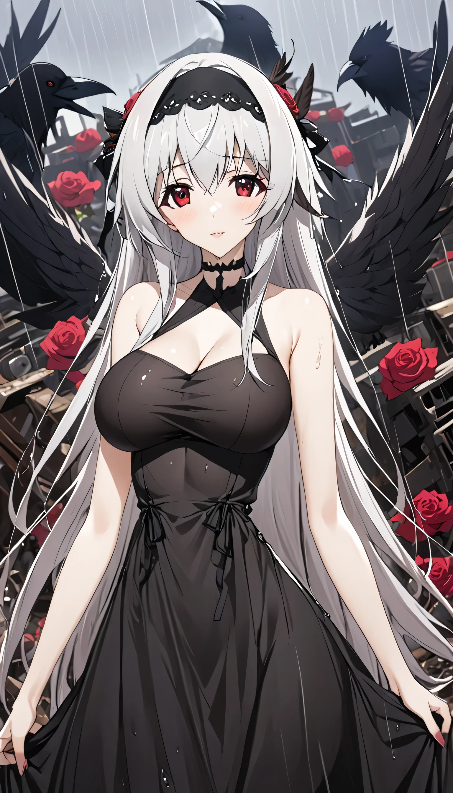  Kampala , accurate,  detail, masterpiece, Silver Hair,and long hair ,Winged,Girl with wings on her back, Red Eyes, Rose countries, Black Dress,Gothic-dress,Mercury lamp,Headband on head,Headband with ribbon ,Girl,Crow Feather,Fluttering Feathers,Big Breasts, junk yard ,Red roses on the chest , rose choker on her neck, car dismantling site ,It rains, Wet Dress ,Curtsey, grab the hem of the skirt and say a polite greeting,Xiaowa,symmetry,Symmetrical,Fan Character