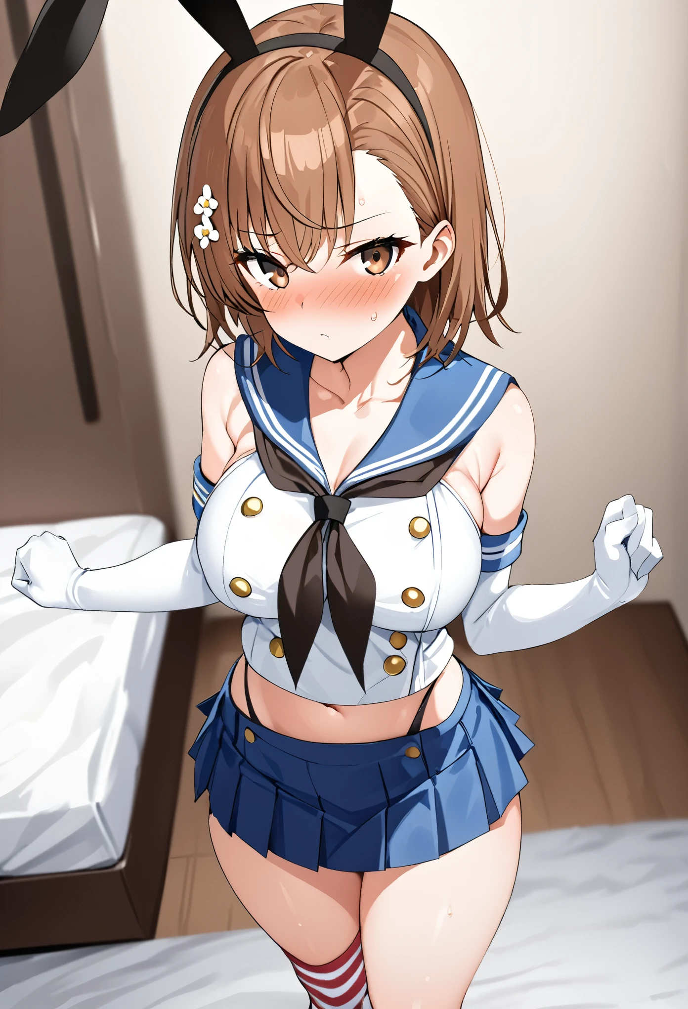 (((Best Quality、 Kampala、4K、 beautiful anime girl、Smooth Skin、Glowing Skin、Soft Skin、solo、Detailed face)))、(((Misaka Mikoto、 short hair、Brown Hair、Hair accessories、Hair accessories、 Brown Eyes 、Big Breasts)))、((Shimakaze Cosplay、black neckerchief 、Blue mini skirt、red white stripe knee socks、Black panties、 blue sailor color 、white elbow gloves、black rabbit ears ))、(( staring at me 、White bedroom、front、blush、 standing ))