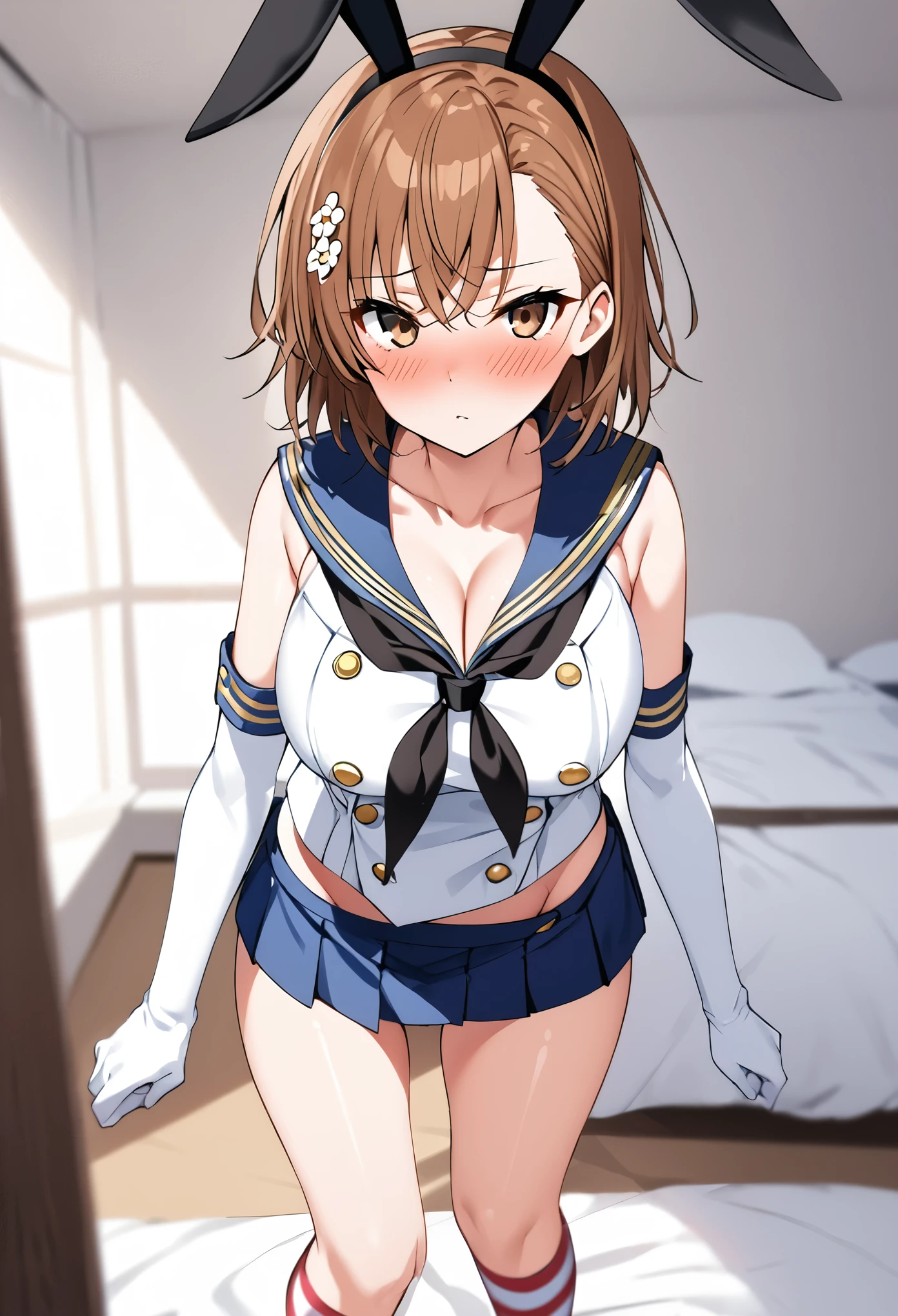 (((Best Quality、 Kampala、4K、 beautiful anime girl、Smooth Skin、Glowing Skin、Soft Skin、solo、Detailed face)))、(((Misaka Mikoto、 short hair、Brown Hair、Hair accessories、Hair accessories、 Brown Eyes 、Big Breasts)))、((Shimakaze Cosplay、black neckerchief 、Blue mini skirt、red white stripe knee socks、Black panties、 blue sailor color 、white elbow gloves、black rabbit ears ))、(( staring at me 、White bedroom、front、blush、 standing ))