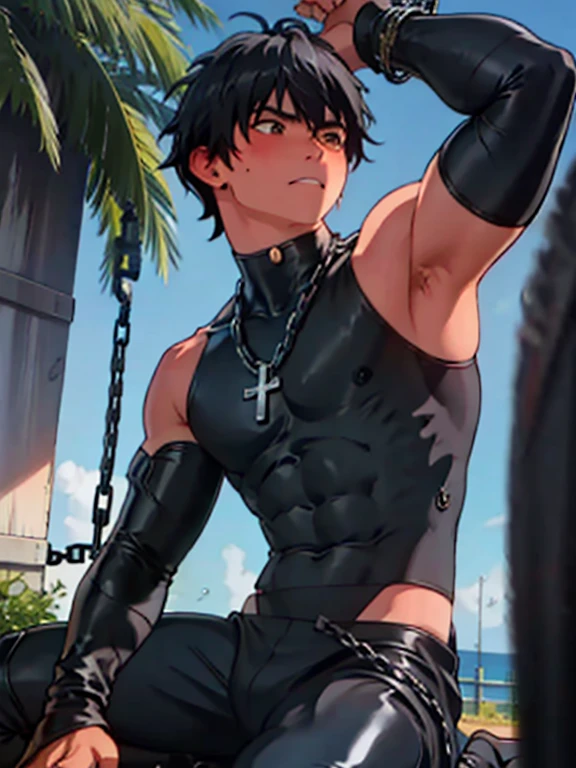  realistic skin　Being thin　Black Hair　naked　 realistic skin　 are raising their arms　Bound in chains　 and the mouth is open　cliff　Long bangs　 skin is visible here and there　 sleepy expression 　Blushing　Cross-eyed　Sleeveless boy　being bound by chains　Chains wrapped around the body　Boy putting pressure on his thighs　 boy in a tight black rubber suit　Kneeling　Black boots　Rear view　boy with visible buttocks 　 Side View 　The boy whose back is visible