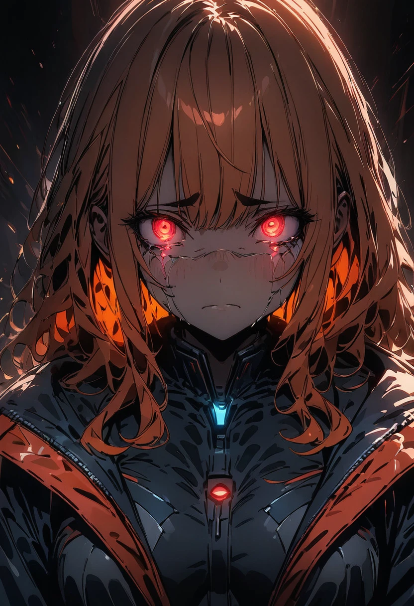 Glowing red eyes, colourful glowing orange hair, wearing sci - SeaArt AI