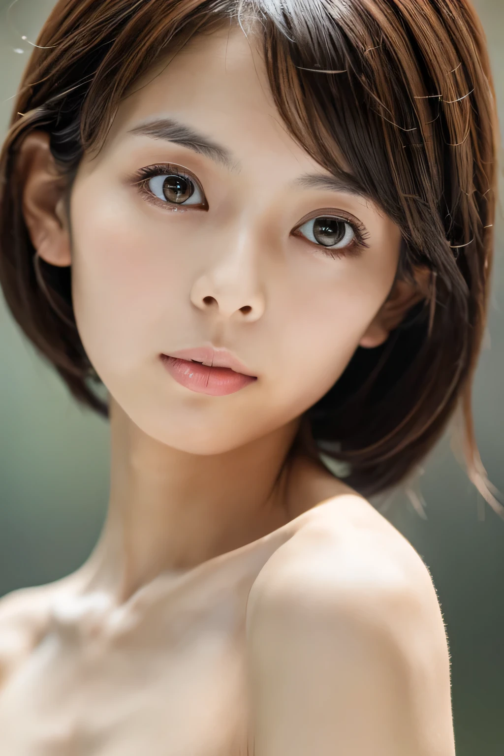 Japanese, Petite women, Physical build, , Long look, A fleeting atmosphere, Age 30, Brown Bob Hair, ((Thin lips,skinny)), Completely naked, necessity,  best quality , Detailed skin, Detailed face, Detailed eyes, 8k, Good anatomy,  full body focus 