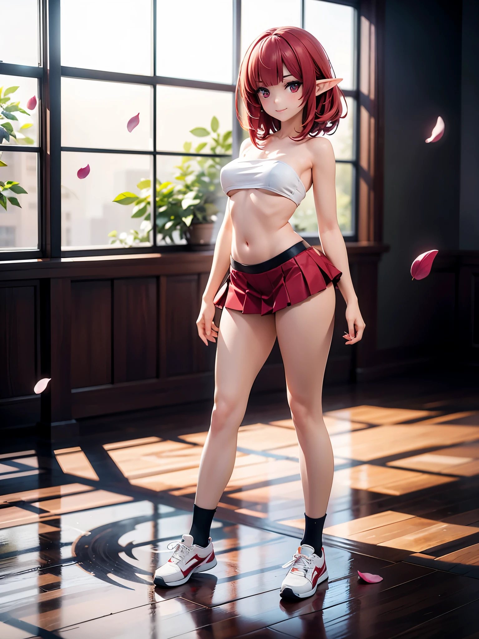 realistic image, detailed image, coherent image, 1 beautiful elf, she has shoulder length hair with blunt bangs, red hair, red eyes, smiling expression. She is wearing a strapless top, showing her navel, thin thong, pleated miniskirt, sneakers, She has a curvy body, small breasts and thick thighs, She is standing, legs crossed, arching her back, white background, uniform background , flower petals falling around, Soft focus, full body view, Dramatic shadows, Volumetric lighting, natural lighting