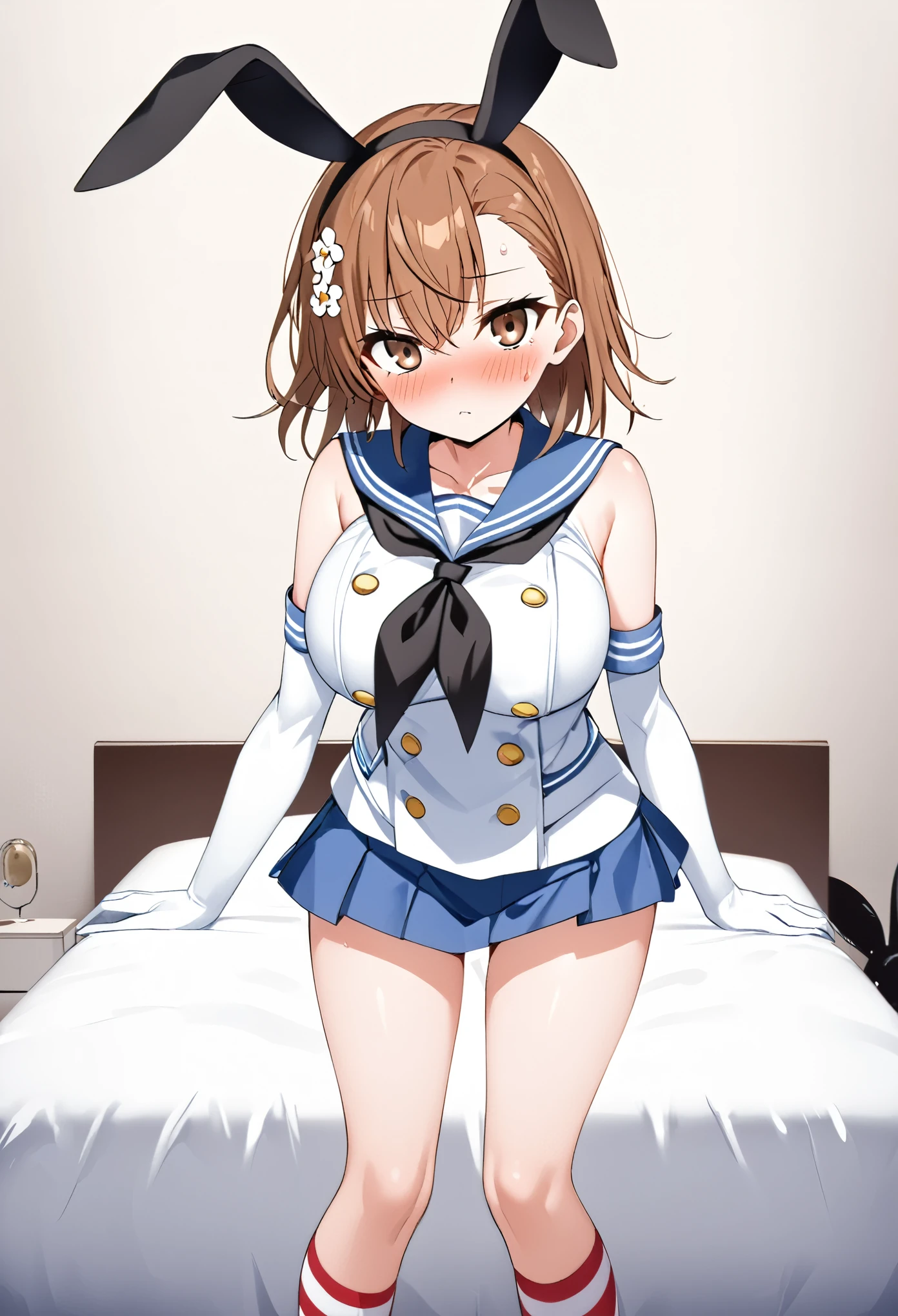 (((Best Quality、 Kampala、4K、 beautiful anime girl、Smooth Skin、Glowing Skin、Soft Skin、solo、Detailed face)))、(((Misaka Mikoto、 short hair、Brown Hair、Hair accessories、Hair accessories、 Brown Eyes 、Big Breasts)))、((Shimakaze Cosplay、black neckerchief 、Blue mini skirt、red white striped knee socks、Black panties、 blue sailor color 、white elbow gloves、black rabbit ears ))、(( staring at me 、White bedroom、front、blush、 standing ))