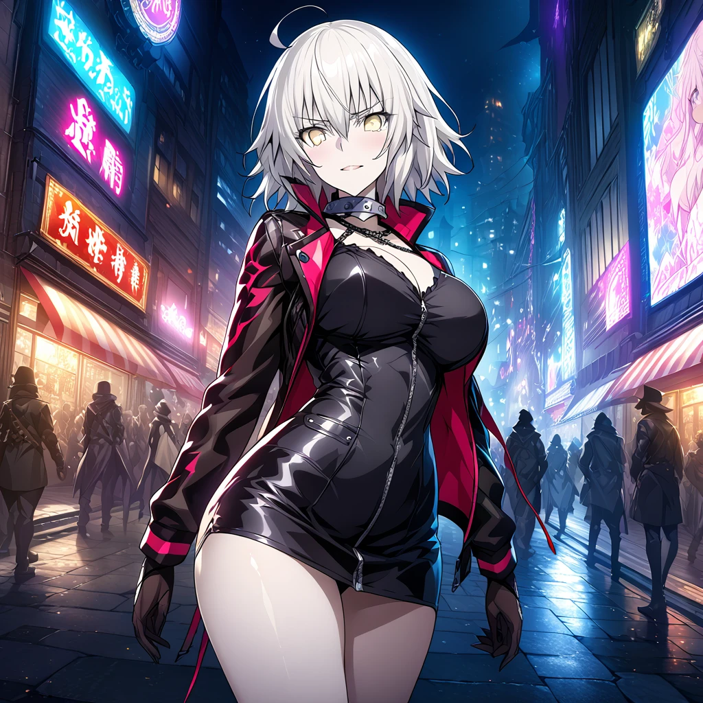 High image quality、best quality、extremely detailed CG unity 8k wallpaper、Masterpiece、ultra detailed、super fine illustration、detailed beautiful face、detailed beautiful eyes、Big Breasts、big ass、glamorous body、 Jeanne Alter (fate) ((My slave)) (They're taking a walk in the downtown area at night wearing a collar)(Metal collar) (embarrassing)(latex rider jacket) Handwritten style (私を見つけて嬉しそう)