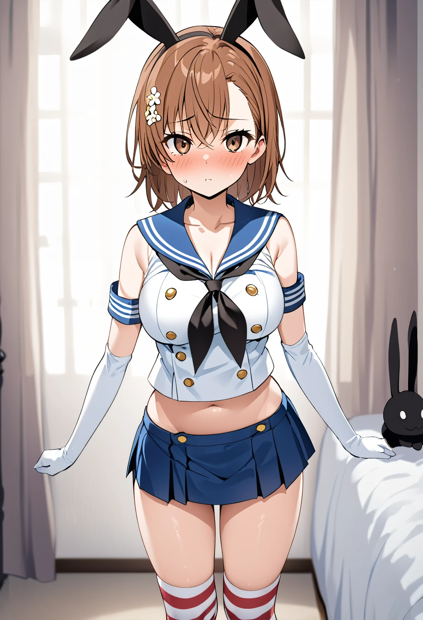 (((Best Quality、 Kampala、4K、 beautiful anime girl、Smooth Skin、Glowing Skin、Soft Skin、solo、Detailed face)))、(((Misaka Mikoto、 short hair、Brown Hair、Hair accessories、Hair accessories、 Brown Eyes 、Big Breasts)))、((Shimakaze Cosplay、black neckerchief 、Blue mini skirt、red and white striped knee socks、Black panties、 blue sailor color 、white elbow gloves、black rabbit ears ))、(( staring at me 、White bedroom、front、blush、 standing ))