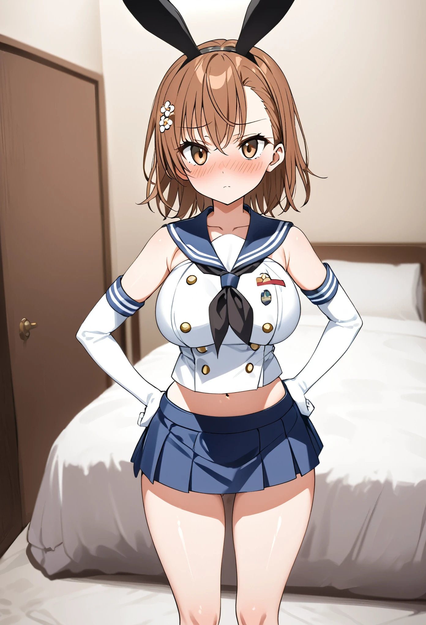 (((Best Quality、 Kampala、4K、 beautiful anime girl、Smooth Skin、Glowing Skin、Soft Skin、solo、Detailed face)))、(((Misaka Mikoto、 short hair、Brown Hair、Hair accessories、Hair accessories、 Brown Eyes 、Big Breasts)))、((Shimakaze Cosplay、black neckerchief 、Blue mini skirt、red and white striped knee socks、Black panties、 blue sailor color 、white elbow gloves、black rabbit ears ))、(( staring at me 、White bedroom、front、blush、 standing 、 place your hands on your hips))