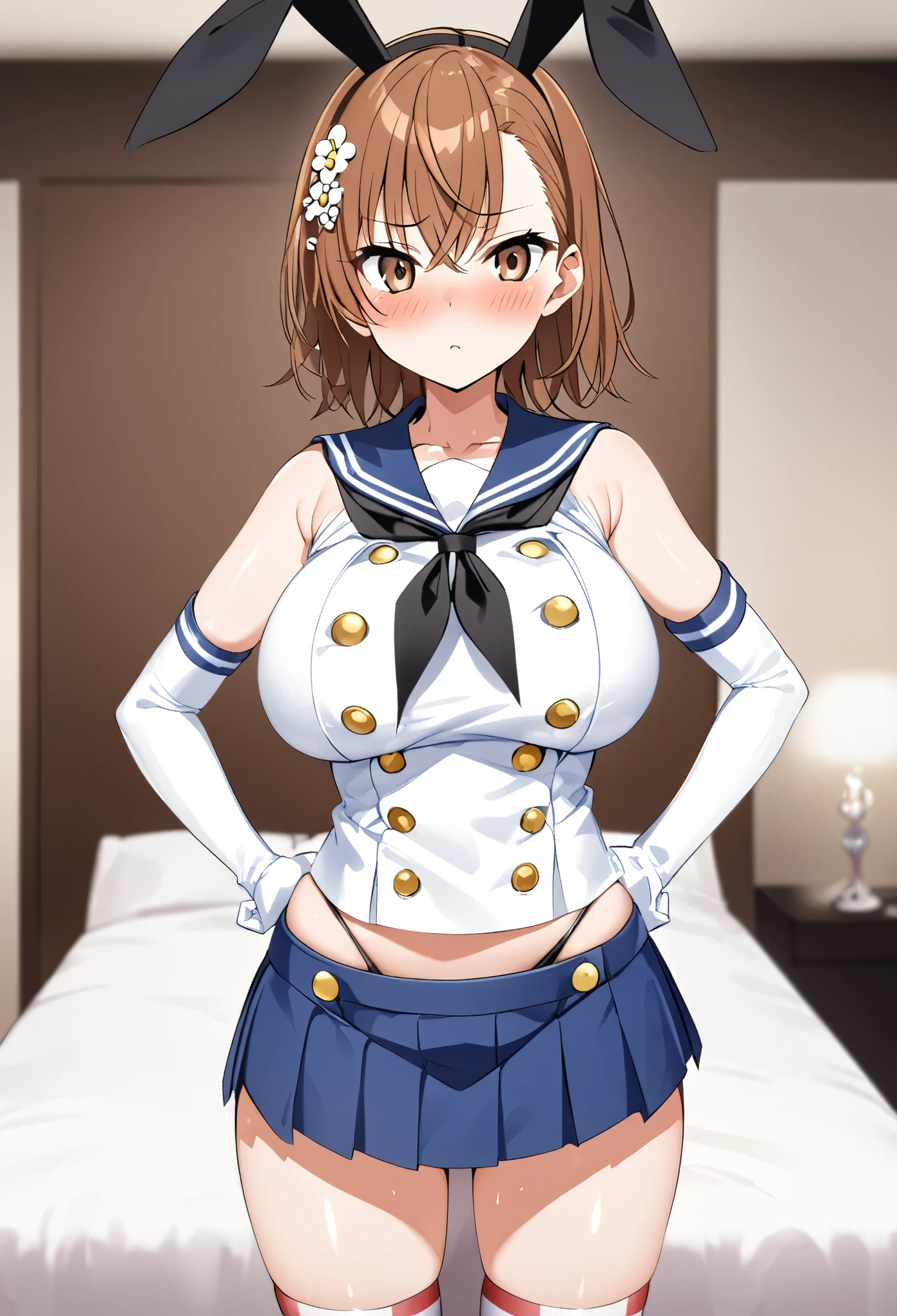 (((Best Quality、 Kampala、4K、 beautiful anime girl、Smooth Skin、Glowing Skin、Soft Skin、solo、Detailed face)))、(((Misaka Mikoto、 short hair、Brown Hair、Hair accessories、Hair accessories、 Brown Eyes 、Big Breasts)))、((Shimakaze Cosplay、black neckerchief 、Blue mini skirt、red and white striped knee socks、Black panties、 blue sailor color 、white elbow gloves、black rabbit ears ))、(( staring at me 、White bedroom、front、blush、 standing 、 place your hands on your hips))