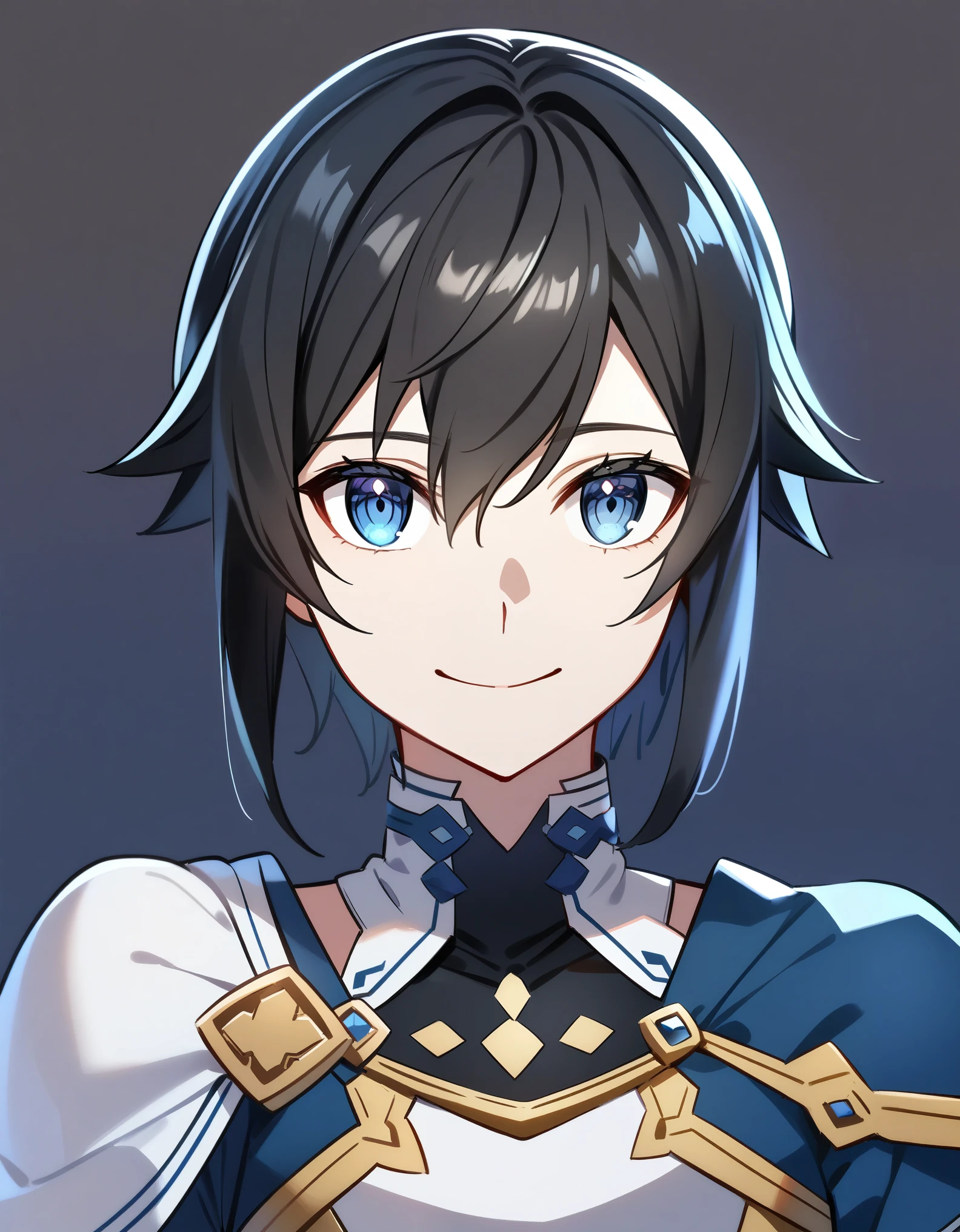 (high-quality, breathtaking),(expressive eyes, perfect face) 1girl, femboy, solo, portrait, Sword Art Online, Alicization, Symmetrical Eyes, simple background, gentle smile, short hair, fluffy hair, fantasy outfit, SAO inspired, HuoHuo, armor, chest plate, sword art online outfit, half body shot, en amamiya, black hair
