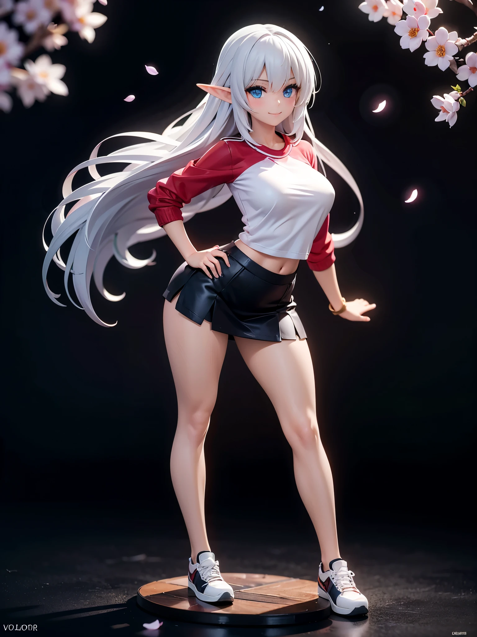 realistic image, detailed image, coherent image, 1 beautiful elf, she has very long hair, white hair, light blue eyes, smiling expression. She is wearing a long-sleeved t-shirt, showing her navel, a pleated miniskirt, sneakers, She has a curvy body, medium breasts and thick thighs, She is posing sensually, lifting her skirt a little, arching her back, black background, uniform background, starry night, flower petals falling around, Soft focus, full body view, Dramatic shadows, Volumetric lighting, natural lighting,