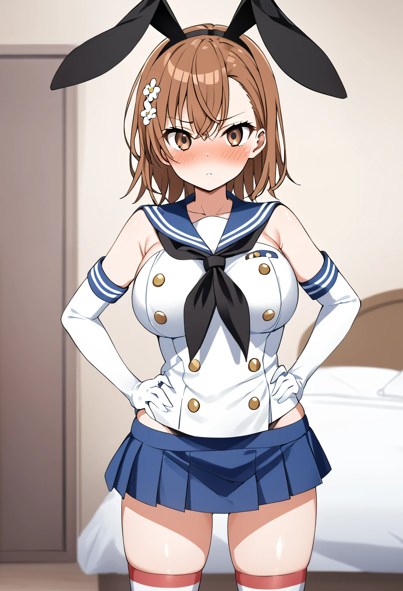 (((Best Quality、 Kampala、4K、 beautiful anime girl、Smooth Skin、Glowing Skin、Soft Skin、solo、Detailed face)))、(((Misaka Mikoto、 short hair、Brown Hair、Hair accessories、Hair accessories、 Brown Eyes 、Big Breasts)))、((Shimakaze Cosplay、black neckerchief 、Blue mini skirt、red and white striped knee socks、Black panties、 blue sailor color 、white elbow gloves、black rabbit ears ))、(( staring at me 、White bedroom、front、blush、 standing 、 place your hands on your hips))