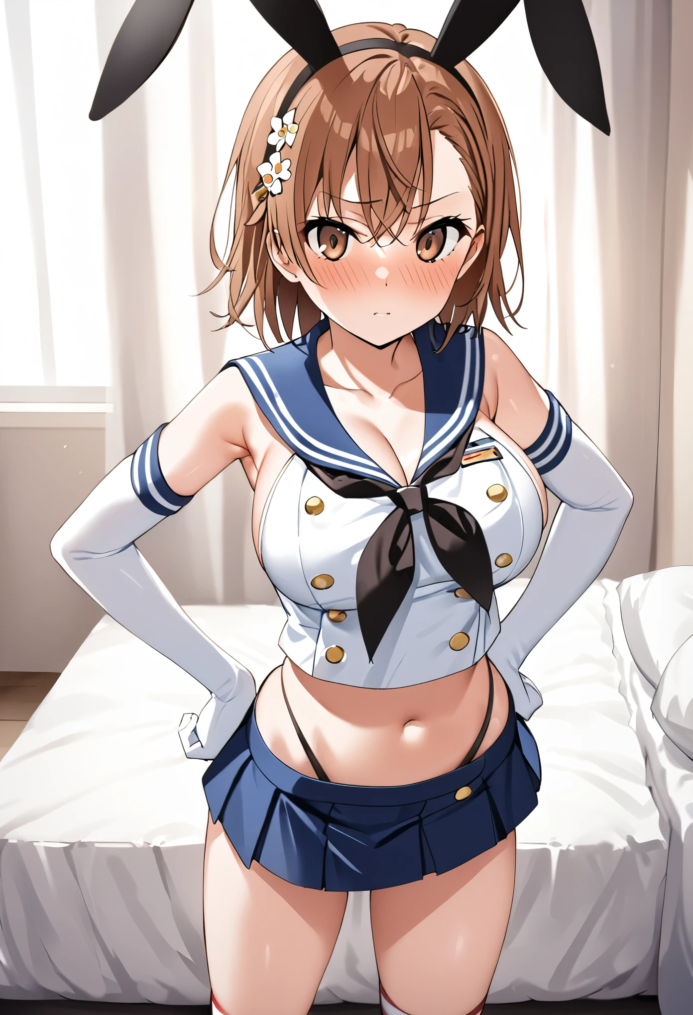 (((Best Quality、 Kampala、4K、 beautiful anime girl、Smooth Skin、Glowing Skin、Soft Skin、solo、Detailed face)))、(((Misaka Mikoto、 short hair、Brown Hair、Hair accessories、Hair accessories、 Brown Eyes 、Big Breasts)))、((Shimakaze Cosplay、black neckerchief 、Blue mini skirt、red and white striped knee socks、Black panties、 blue sailor color 、white elbow gloves、black rabbit ears ))、(( staring at me 、White bedroom、front、blush、 standing 、 place your hands on your hips))