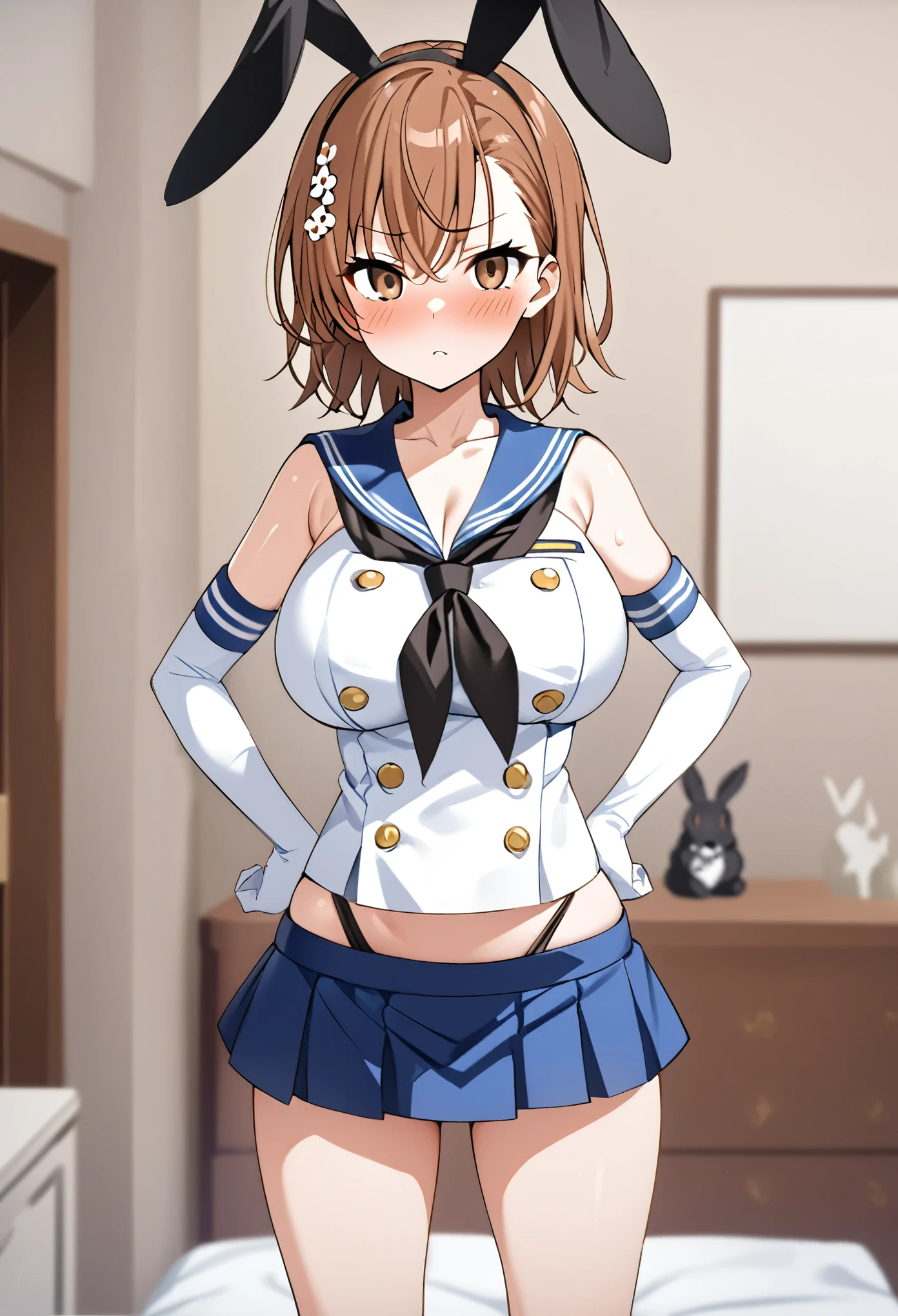 (((Best Quality、 Kampala、4K、 beautiful anime girl、Smooth Skin、Glowing Skin、Soft Skin、solo、Detailed face)))、(((Misaka Mikoto、 short hair、Brown Hair、Hair accessories、Hair accessories、 Brown Eyes 、Big Breasts)))、((Shimakaze Cosplay、black neckerchief 、Blue mini skirt、red and white striped knee socks、Black panties、 blue sailor color 、white elbow gloves、black rabbit ears ))、(( staring at me 、White bedroom、front、blush、 standing 、 place your hands on your hips))